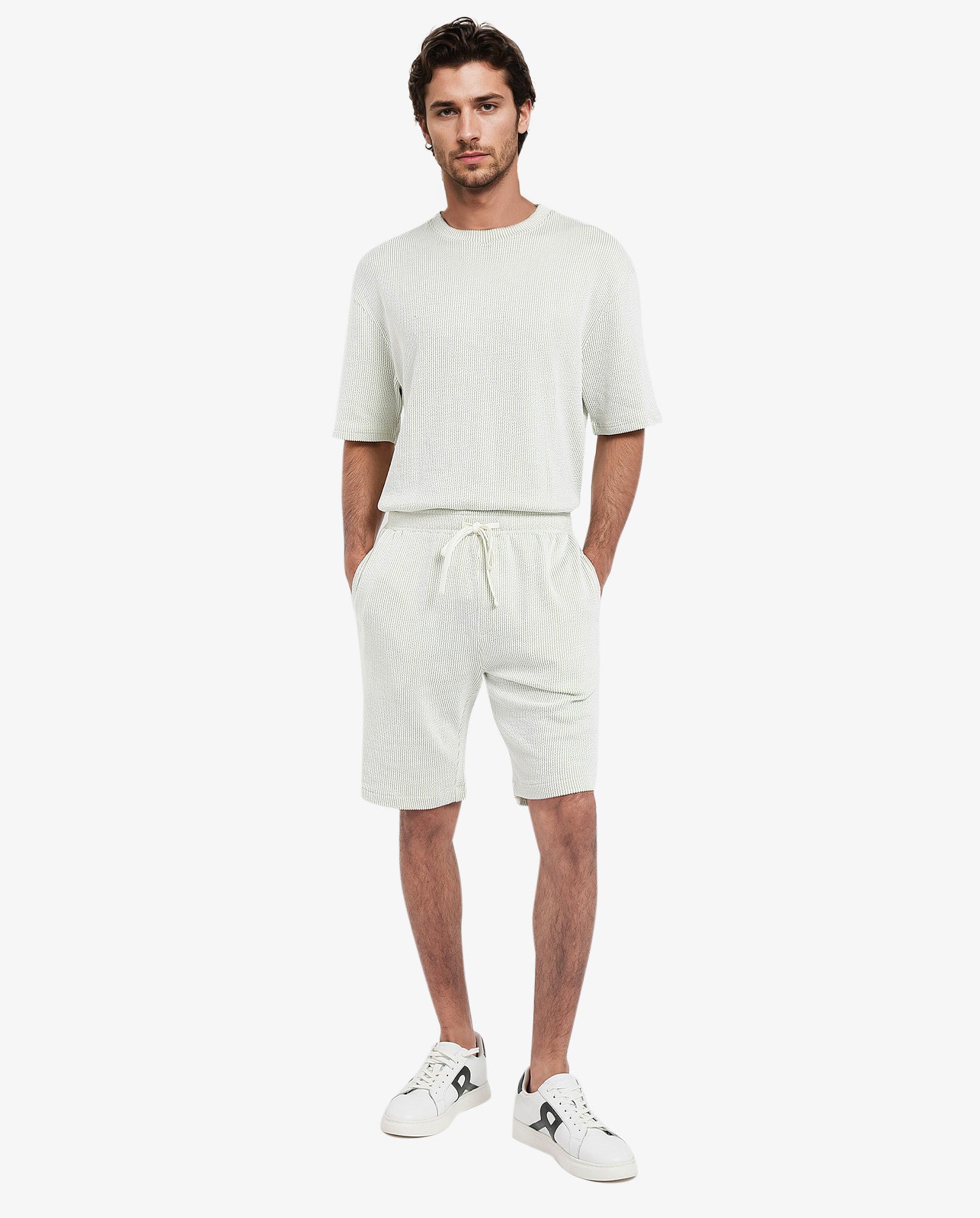 Rare Rabbit Men's Zavet-B Light Green Cotton Polyester Fabric Knee Length Regular Fit Self Stripe Textured Shorts