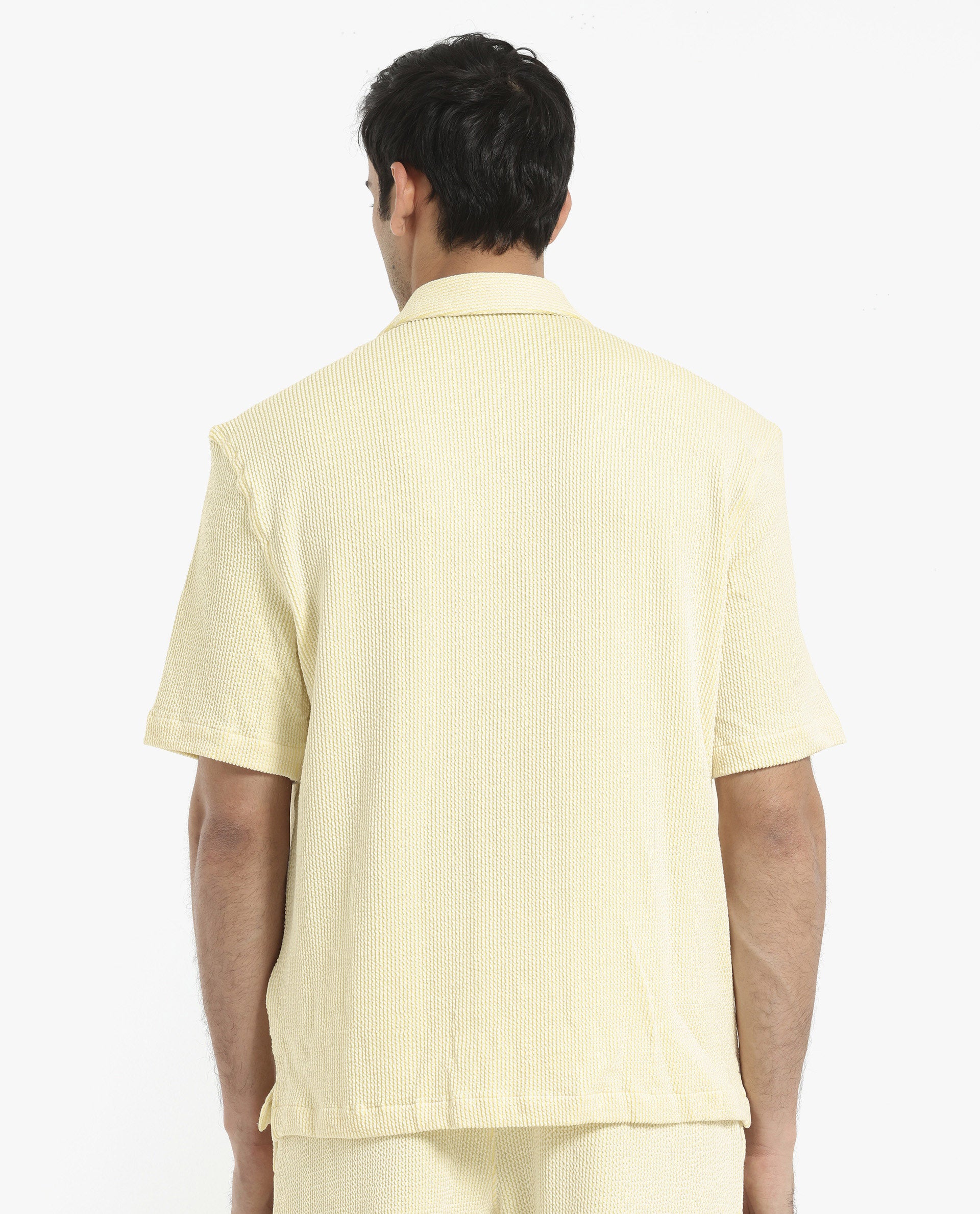 Rare Rabbit Men's Zavet-S Yellow Cotton Polyester Fabric Short Sleeves Cuban Collar Boxy Fit Self Stripe Textured Shirt