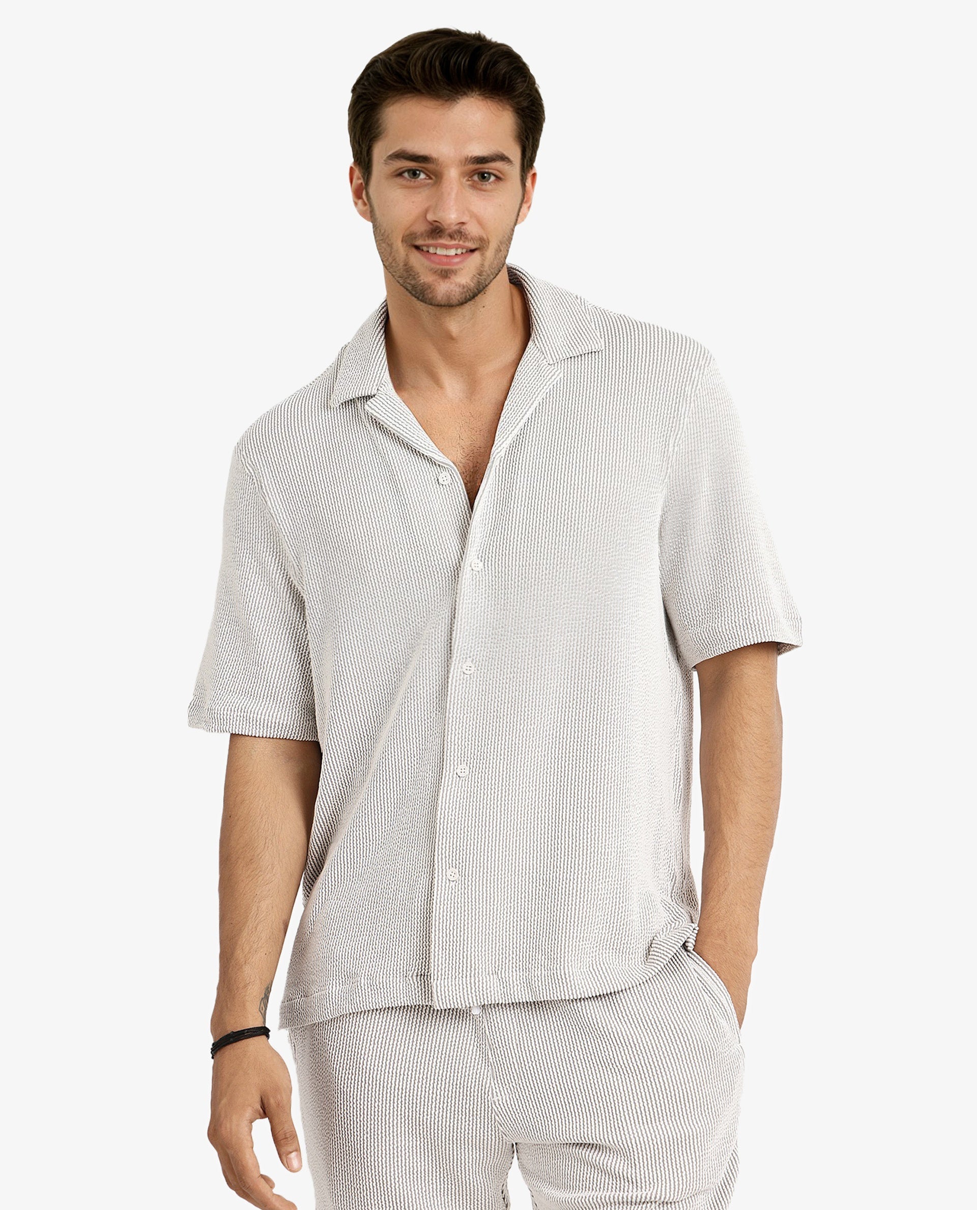 Rare Rabbit Men's Zavet-S Grey Cotton Polyester Fabric Short Sleeves Cuban Collar Boxy Fit Self Stripe Textured Shirt