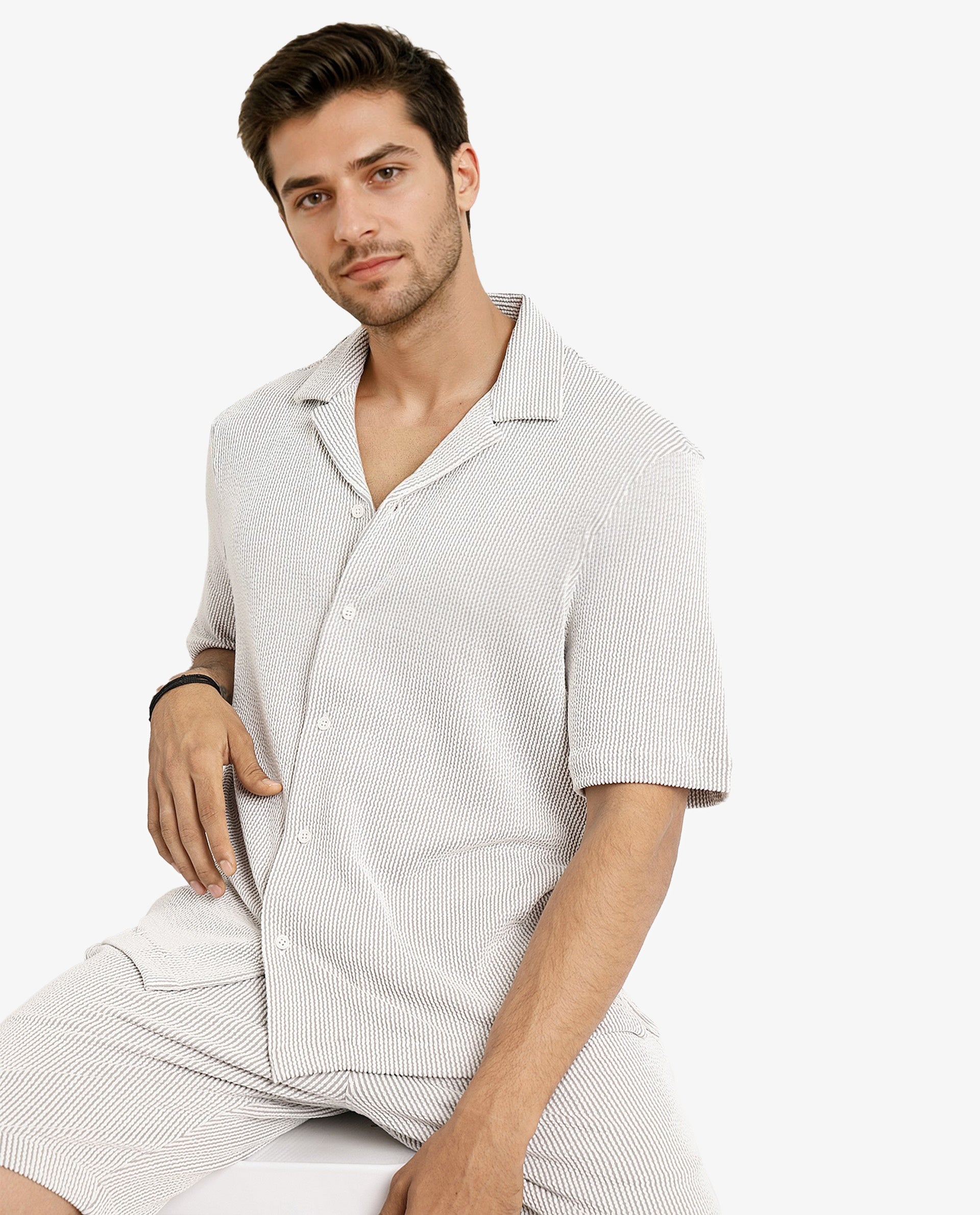 Rare Rabbit Men's Zavet-S Grey Cotton Polyester Fabric Short Sleeves Cuban Collar Boxy Fit Self Stripe Textured Shirt