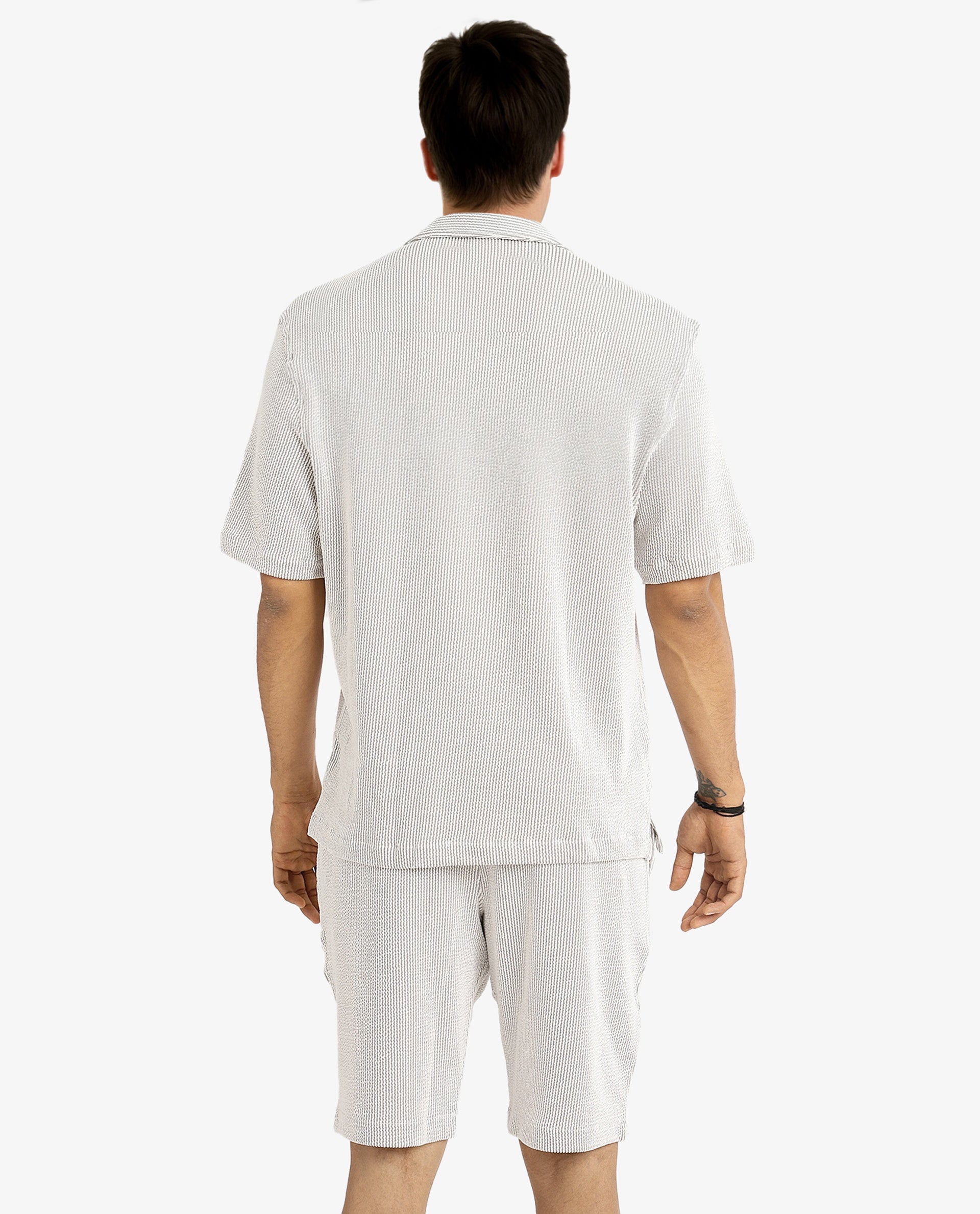 Rare Rabbit Men's Zavet-S Grey Cotton Polyester Fabric Short Sleeves Cuban Collar Boxy Fit Self Stripe Textured Shirt