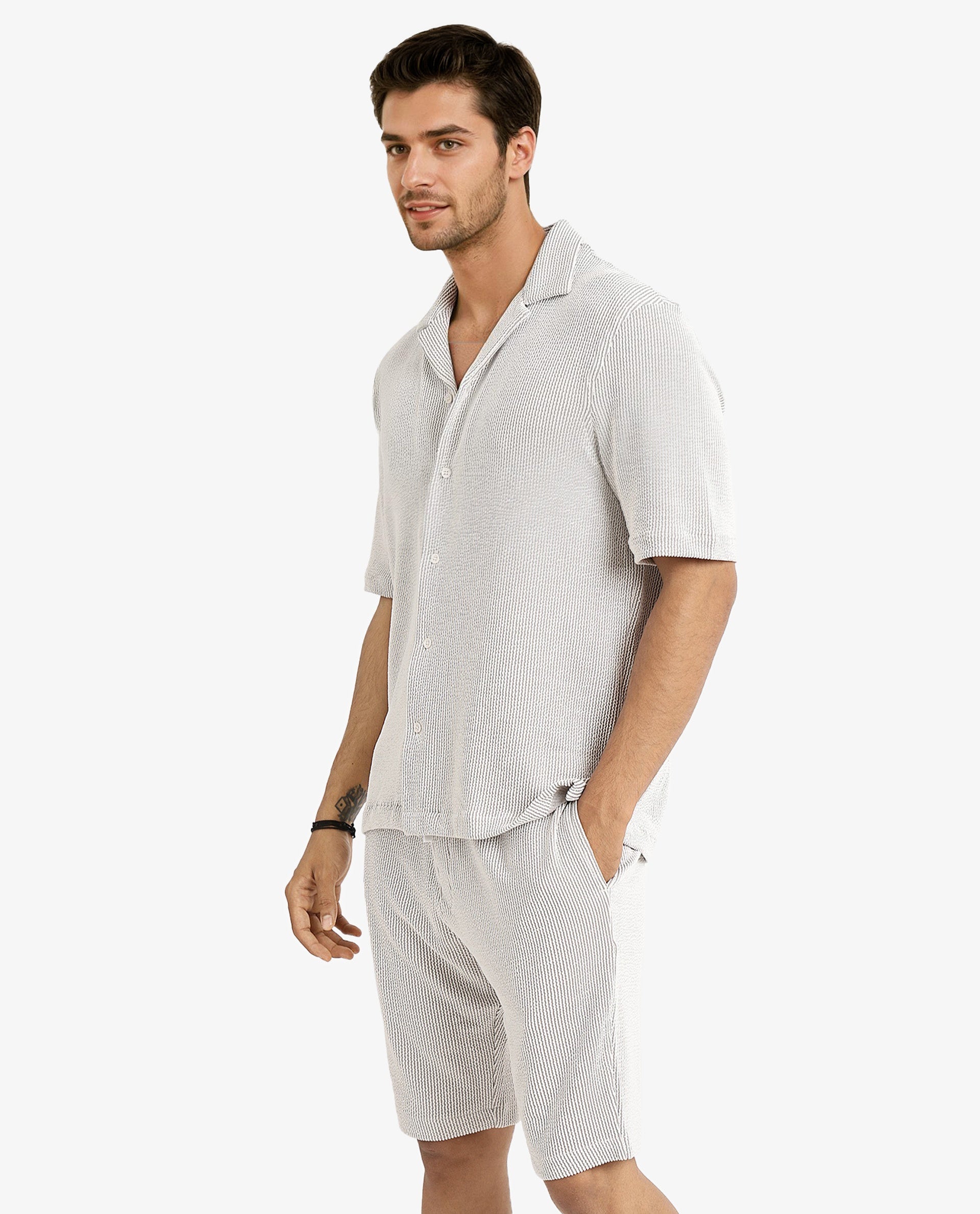 Rare Rabbit Men's Zavet-S Grey Cotton Polyester Fabric Short Sleeves Cuban Collar Boxy Fit Self Stripe Textured Shirt