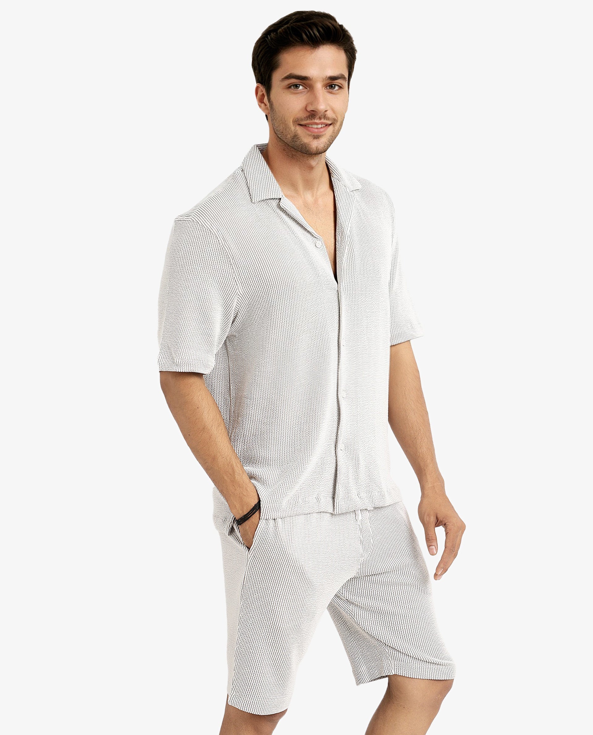 Rare Rabbit Men's Zavet-S Grey Cotton Polyester Fabric Short Sleeves Cuban Collar Boxy Fit Self Stripe Textured Shirt