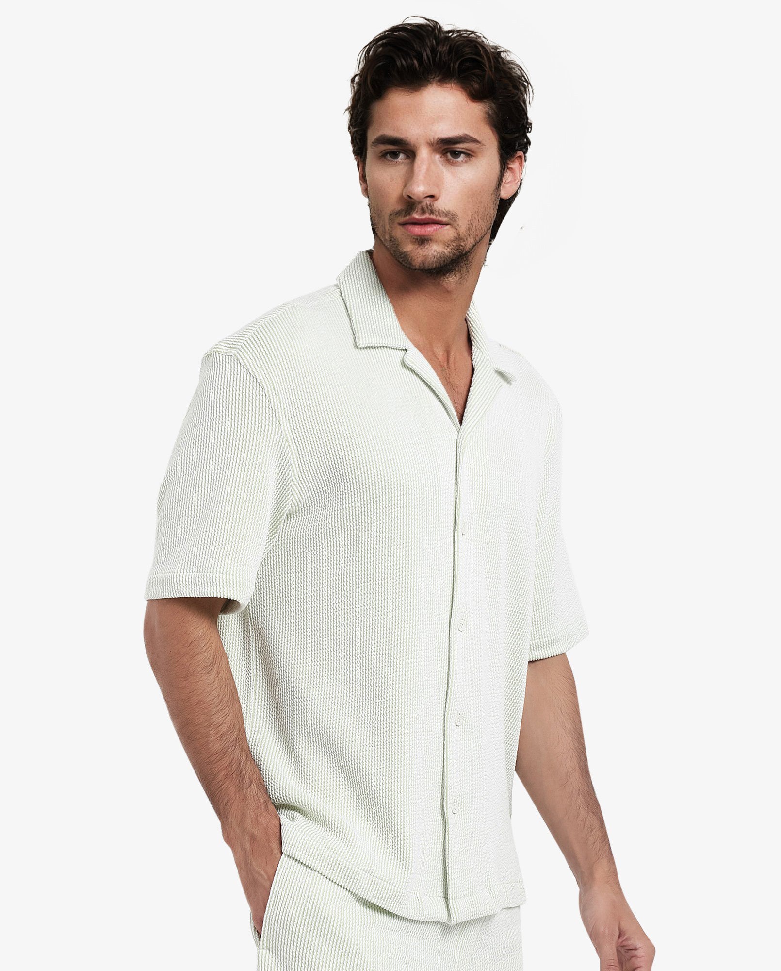 Rare Rabbit Men's Zavet-S Light Green Cotton Polyester Fabric Short Sleeves Cuban Collar Boxy Fit Self Stripe Textured Shirt