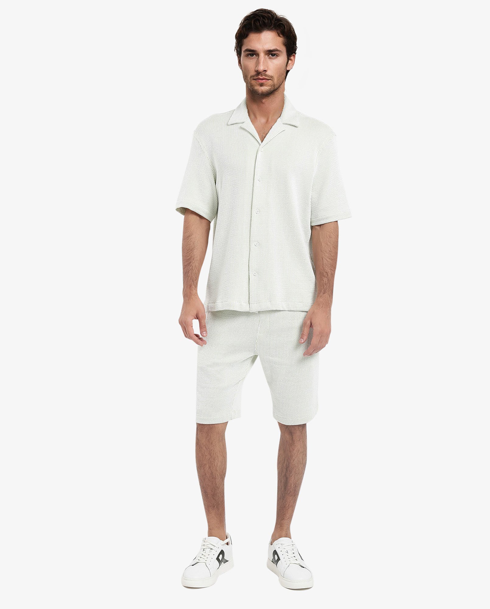 Rare Rabbit Men's Zavet-S Light Green Cotton Polyester Fabric Short Sleeves Cuban Collar Boxy Fit Self Stripe Textured Shirt