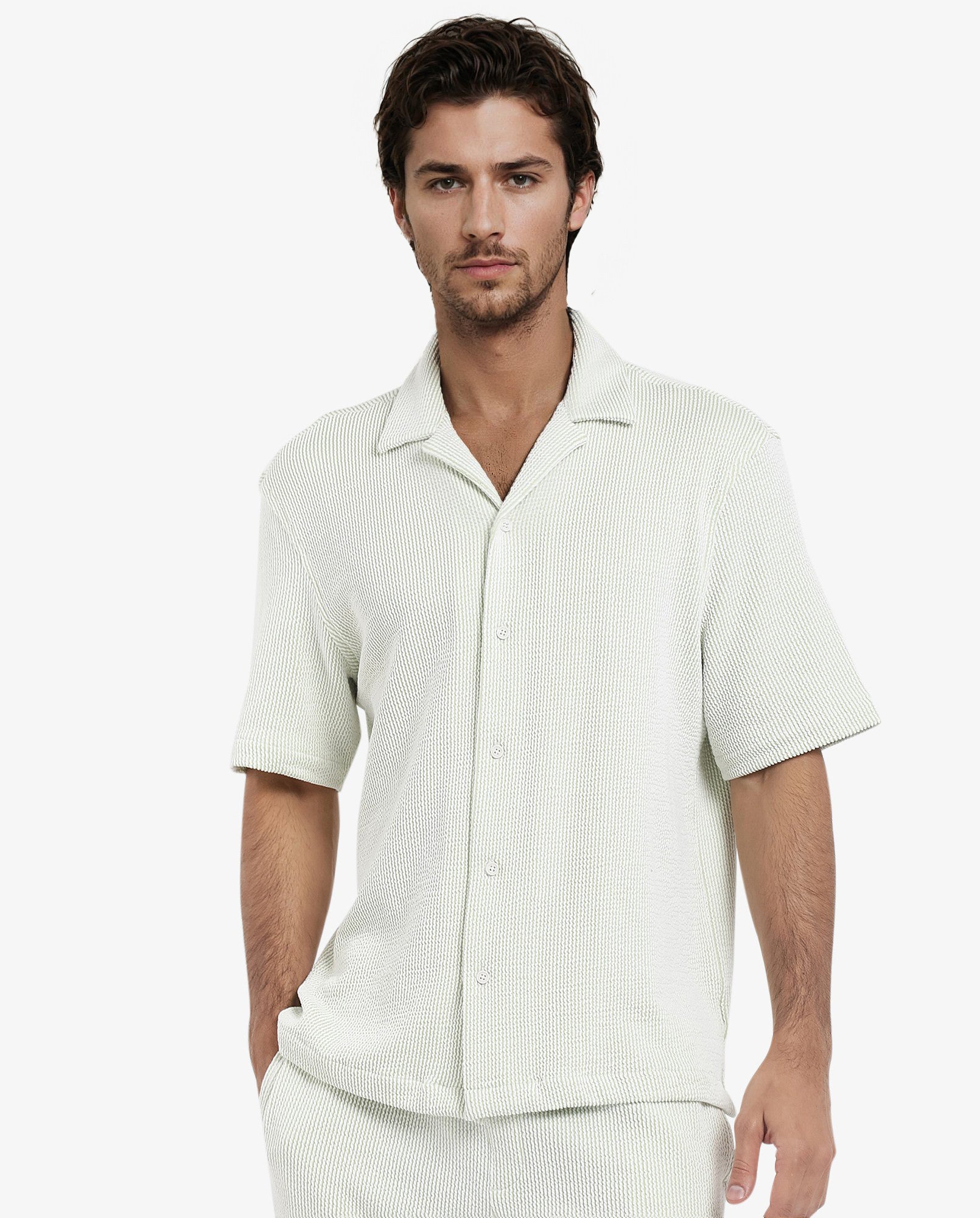 Rare Rabbit Men's Zavet-S Light Green Cotton Polyester Fabric Short Sleeves Cuban Collar Boxy Fit Self Stripe Textured Shirt