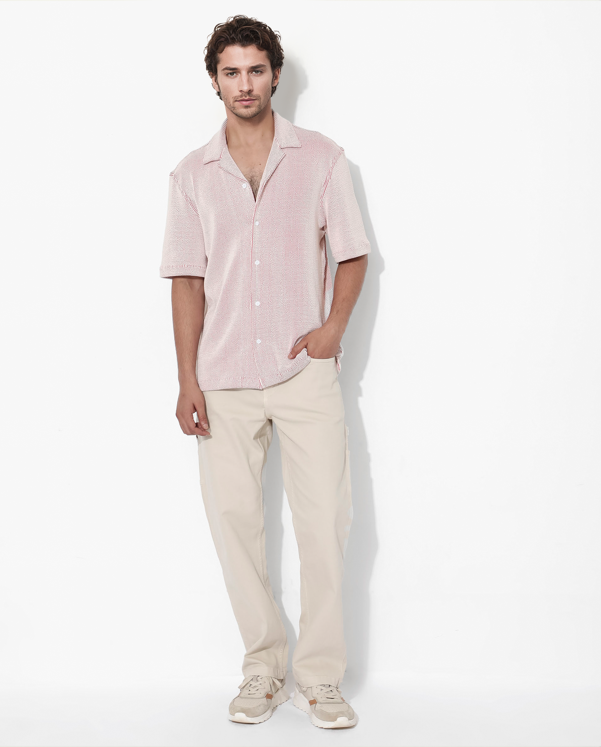 Rare Rabbit Men's Zavet-S Rust Cotton Polyester Fabric Short Sleeves Cuban Collar Boxy Fit Self Stripe Textured Shirt