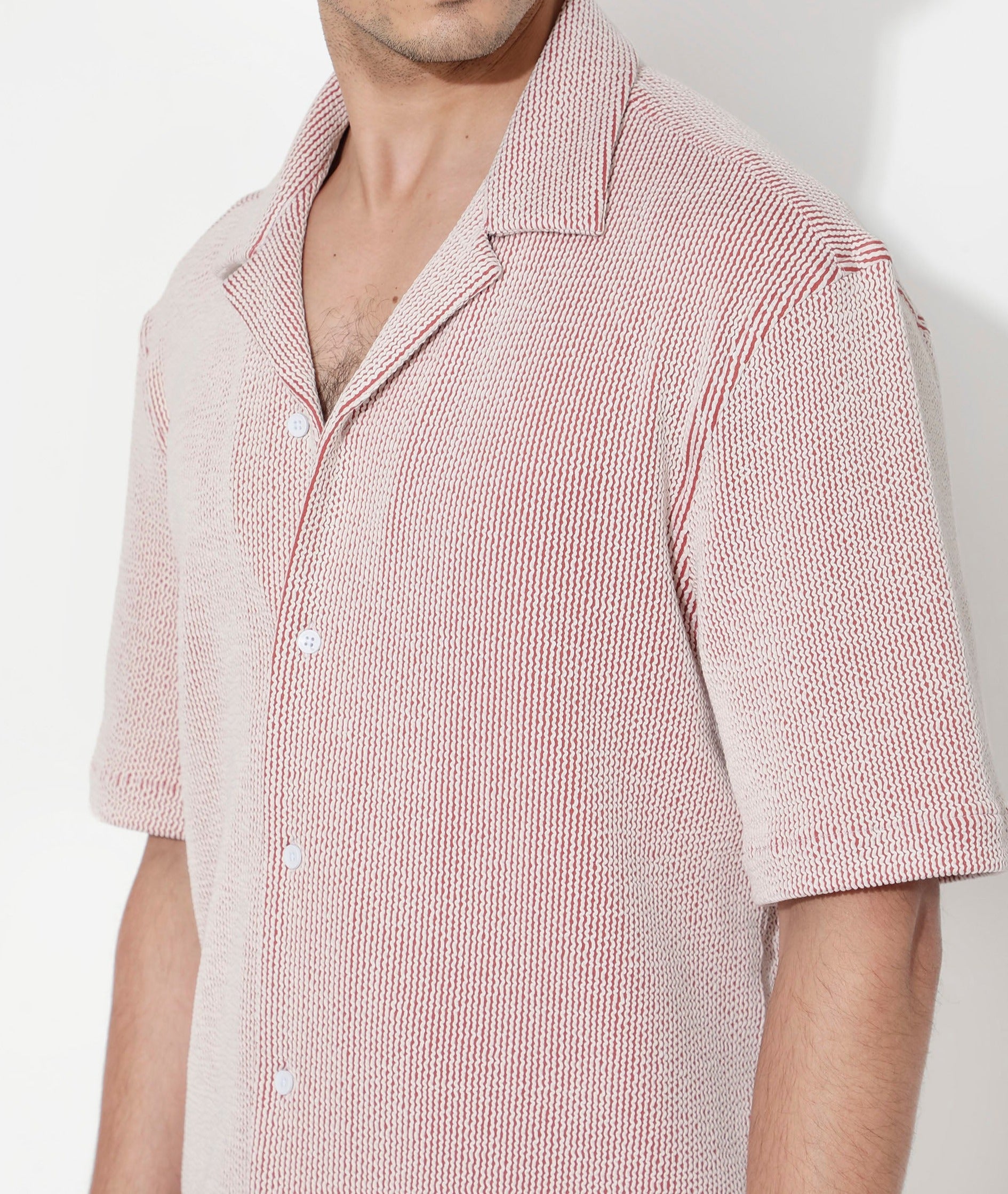 Rare Rabbit Men's Zavet-S Rust Cotton Polyester Fabric Short Sleeves Cuban Collar Boxy Fit Self Stripe Textured Shirt