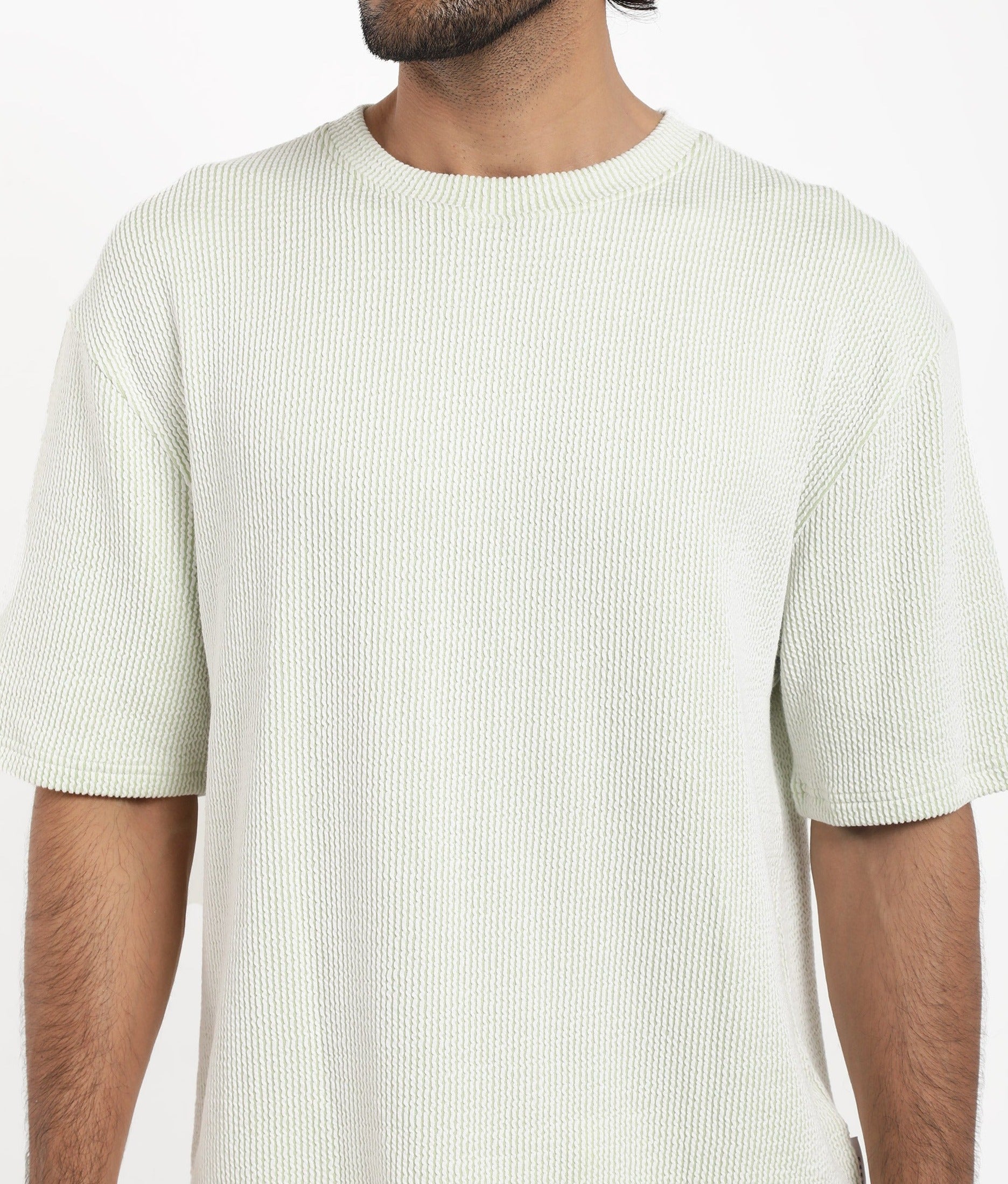 Rare Rabbit Men's Zavet-T Light Green Cotton Polyester Fabric Short Sleeves Crew Neck Oversized Fit Self Stripe Textured T-Shirt