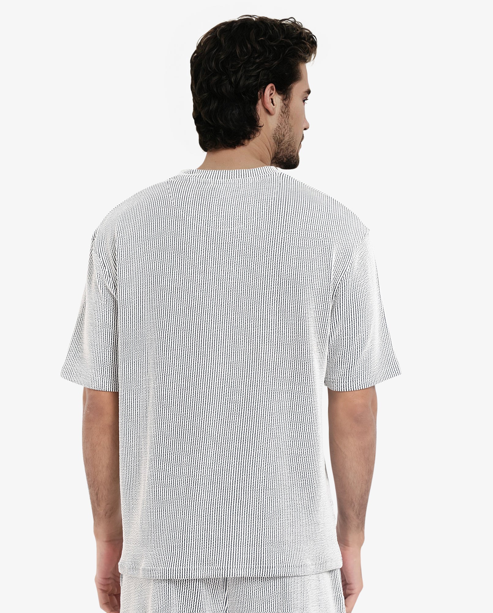 Rare Rabbit Men's Zavet-T Black Cotton Polyester Fabric Short Sleeves Crew Neck Oversized Fit Self Stripe Textured T-Shirt