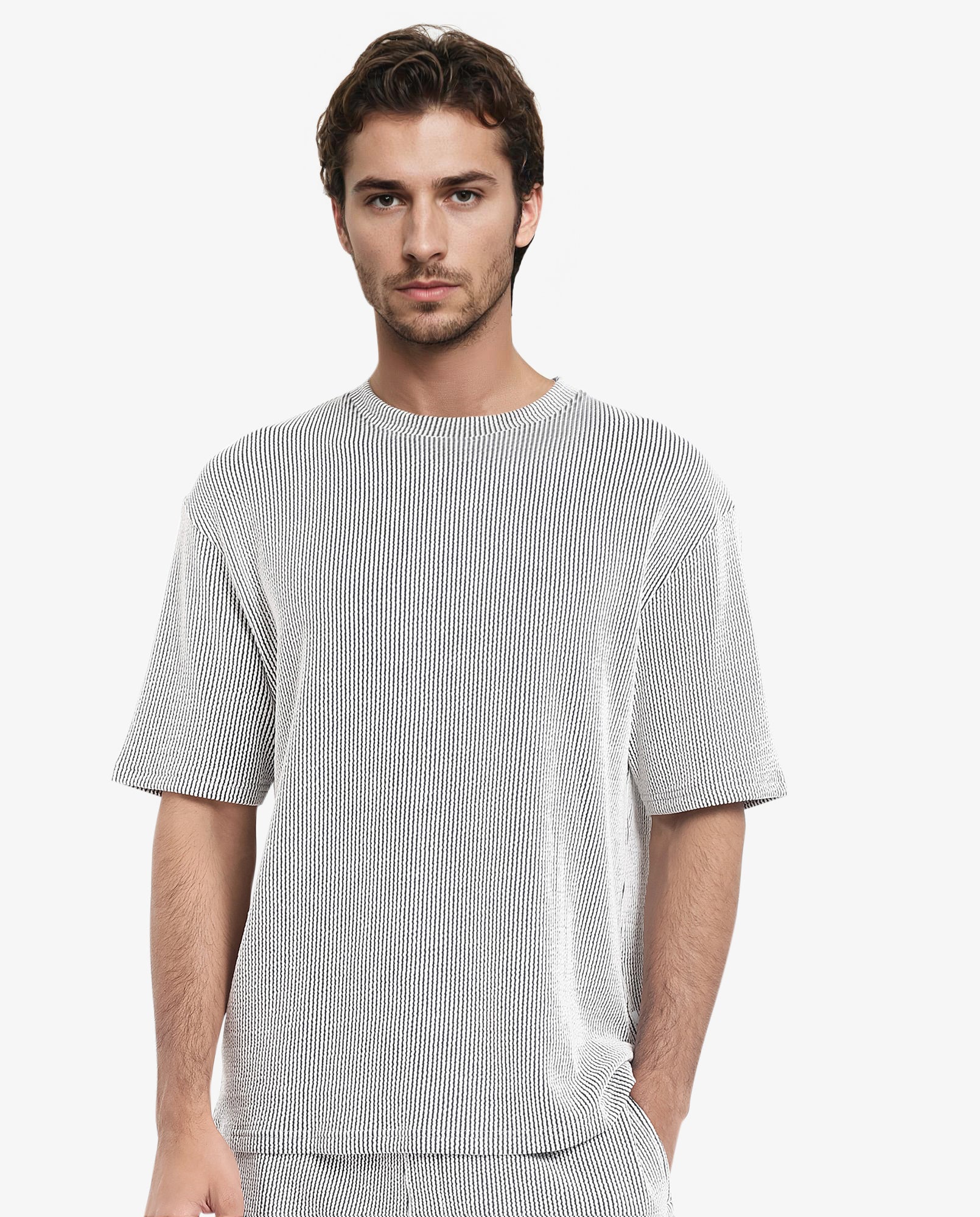 Rare Rabbit Men's Zavet-T Black Cotton Polyester Fabric Short Sleeves Crew Neck Oversized Fit Self Stripe Textured T-Shirt