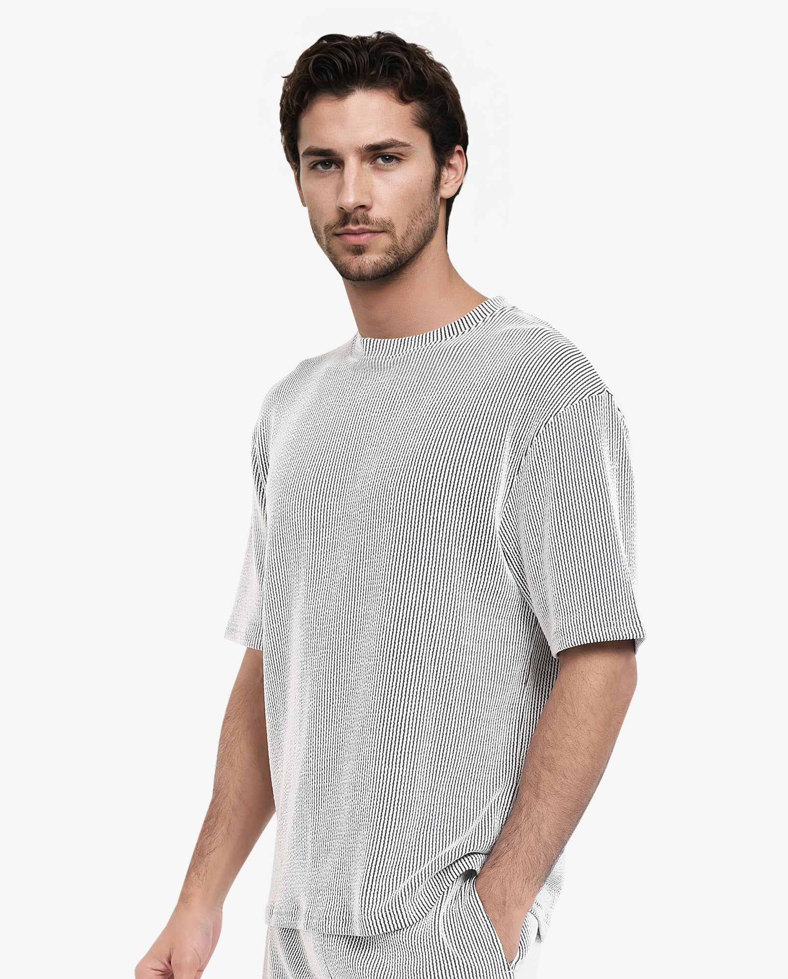 Rare Rabbit Men's Zavet-T Black Cotton Polyester Fabric Short Sleeves Crew Neck Oversized Fit Self Stripe Textured T-Shirt