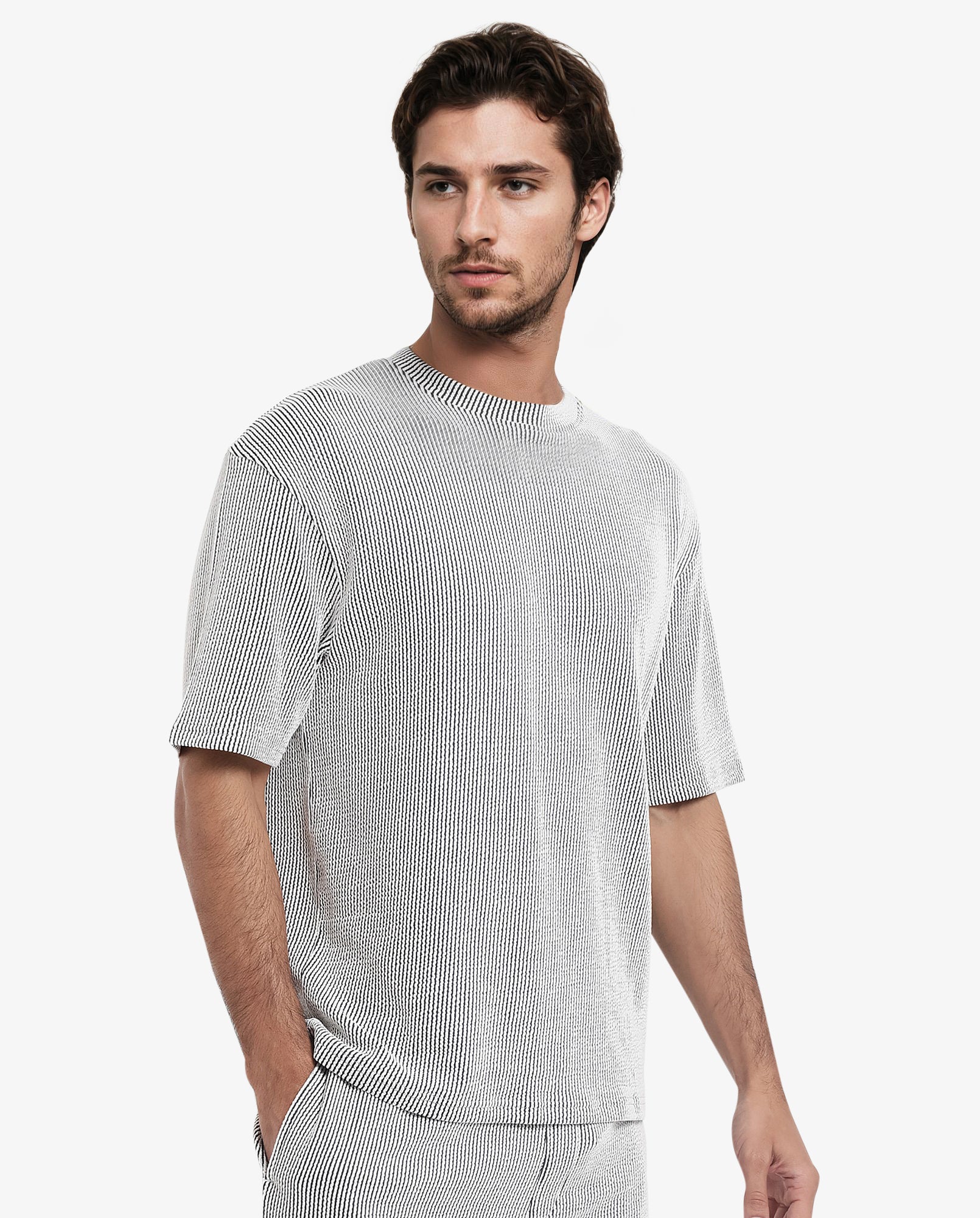 Rare Rabbit Men's Zavet-T Black Cotton Polyester Fabric Short Sleeves Crew Neck Oversized Fit Self Stripe Textured T-Shirt