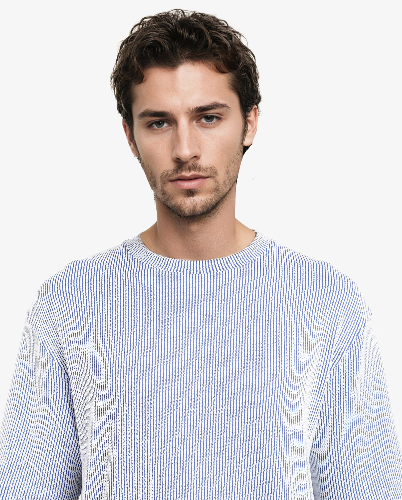 Rare Rabbit Men's Zavet-T Blue Cotton Polyester Fabric Short Sleeves Crew Neck Oversized Fit Self Stripe Textured T-Shirt