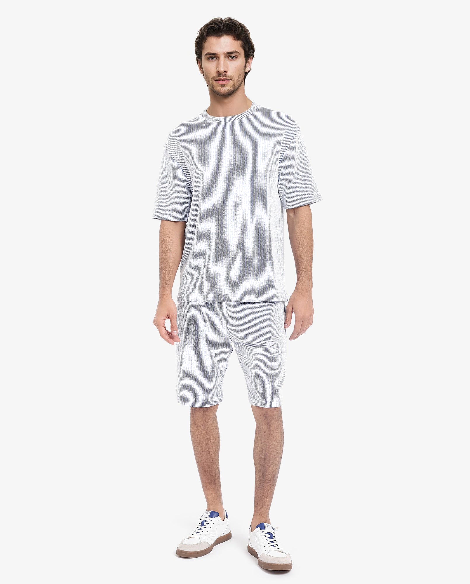 Rare Rabbit Men's Zavet-T Blue Cotton Polyester Fabric Short Sleeves Crew Neck Oversized Fit Self Stripe Textured T-Shirt