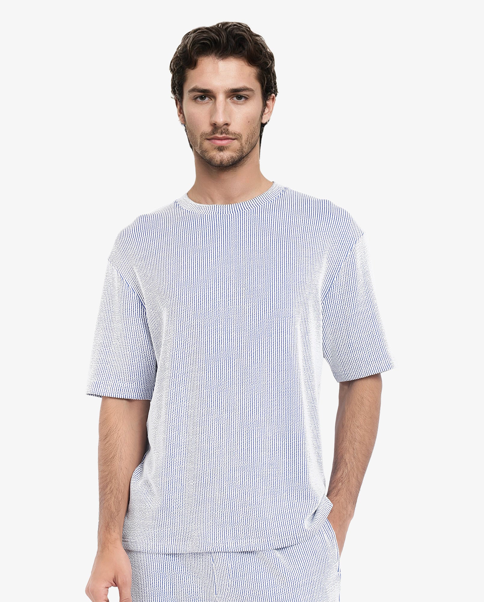 Rare Rabbit Men's Zavet-T Blue Cotton Polyester Fabric Short Sleeves Crew Neck Oversized Fit Self Stripe Textured T-Shirt