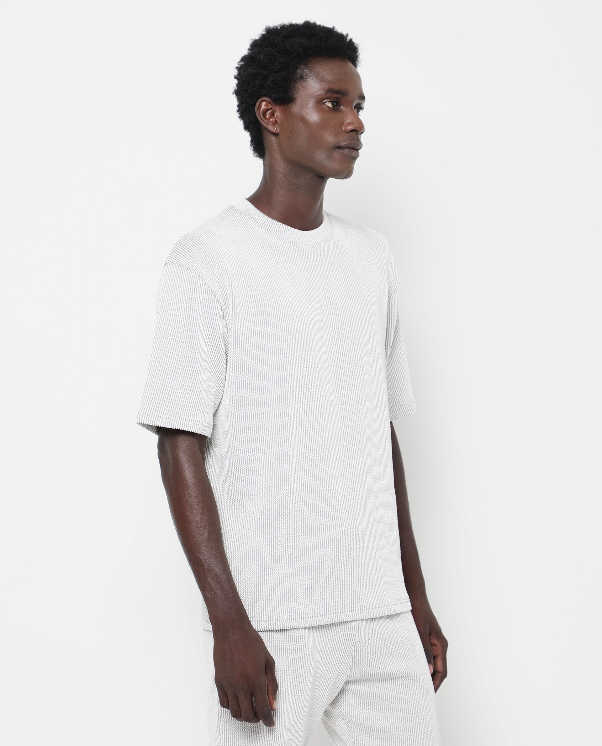 Rare Rabbit Men's Zavet-T Grey Cotton Polyester Fabric Short Sleeves Crew Neck Oversized Fit Self Stripe Textured T-Shirt