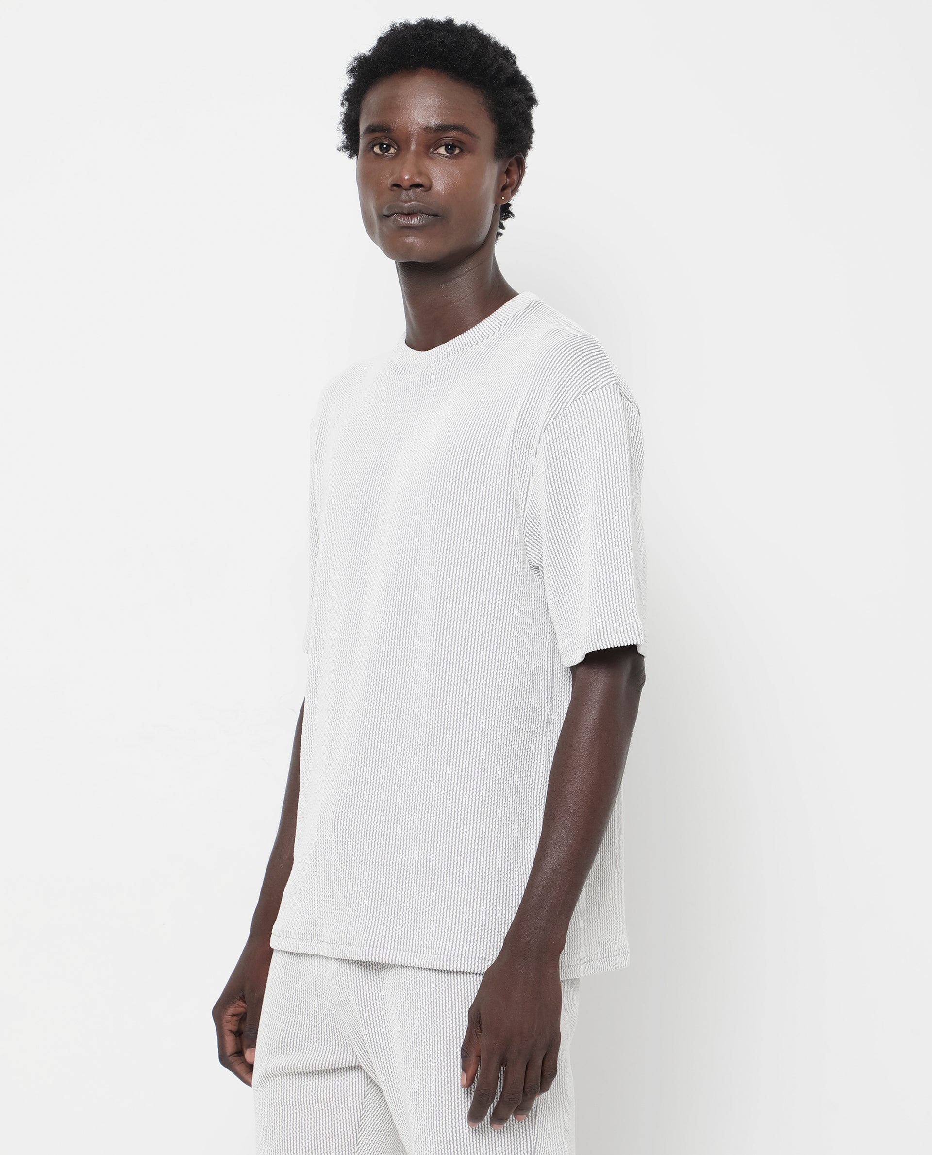 Rare Rabbit Men's Zavet-T Grey Cotton Polyester Fabric Short Sleeves Crew Neck Oversized Fit Self Stripe Textured T-Shirt