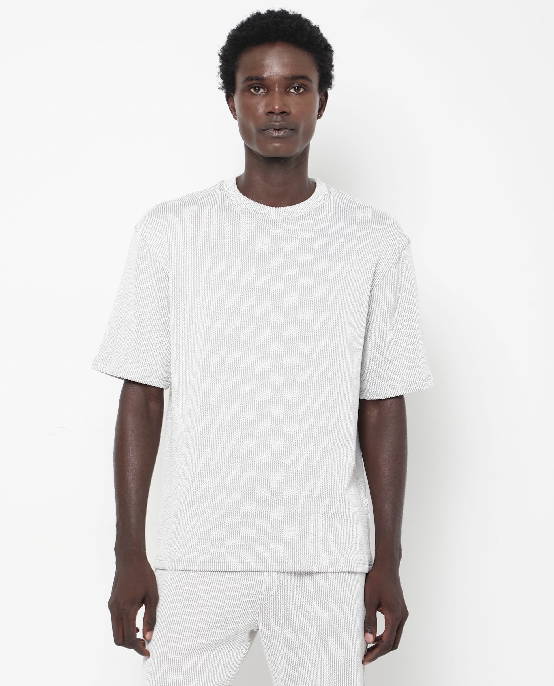 Rare Rabbit Men's Zavet-T Grey Cotton Polyester Fabric Short Sleeves Crew Neck Oversized Fit Self Stripe Textured T-Shirt