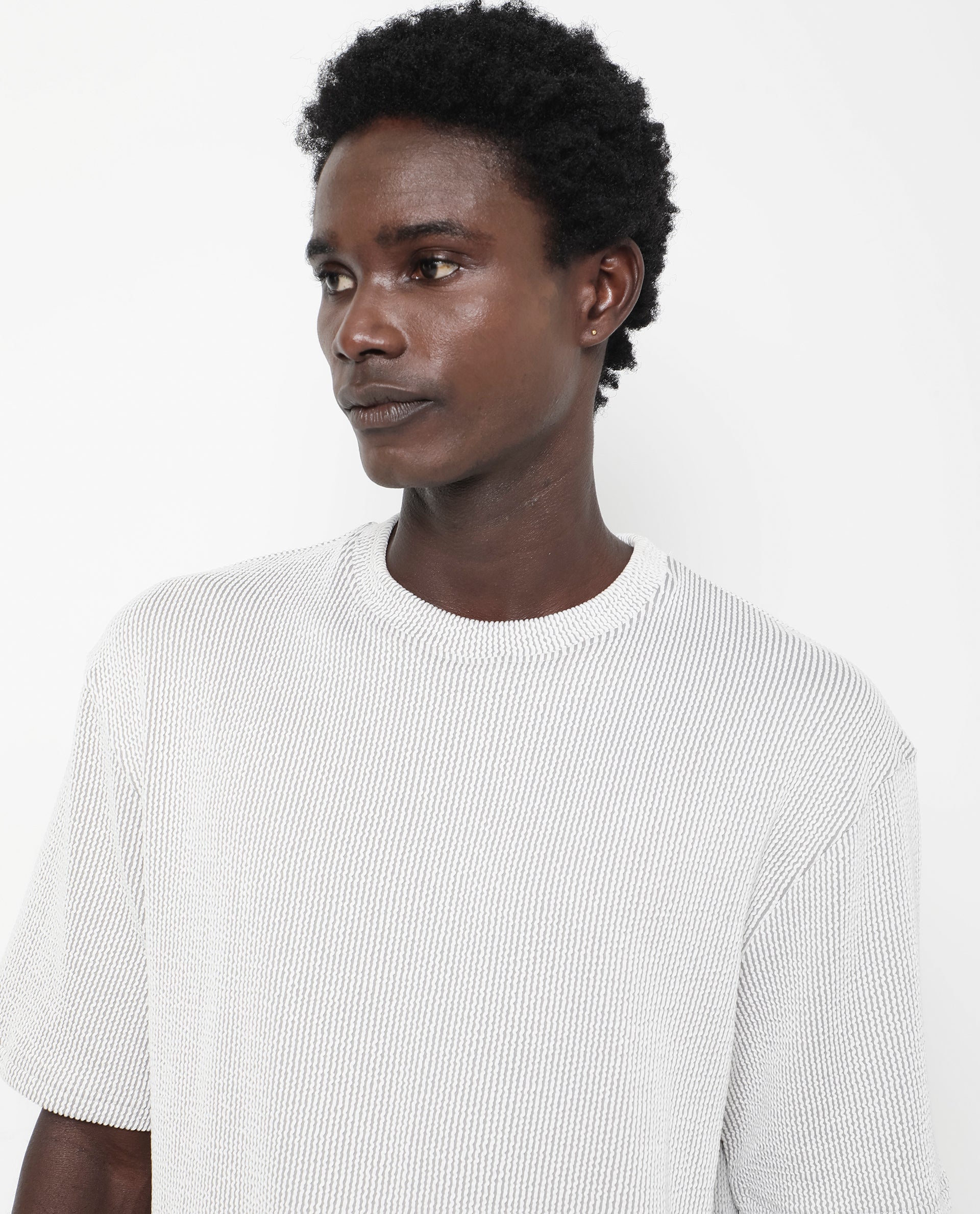 Rare Rabbit Men's Zavet-T Grey Cotton Polyester Fabric Short Sleeves Crew Neck Oversized Fit Self Stripe Textured T-Shirt