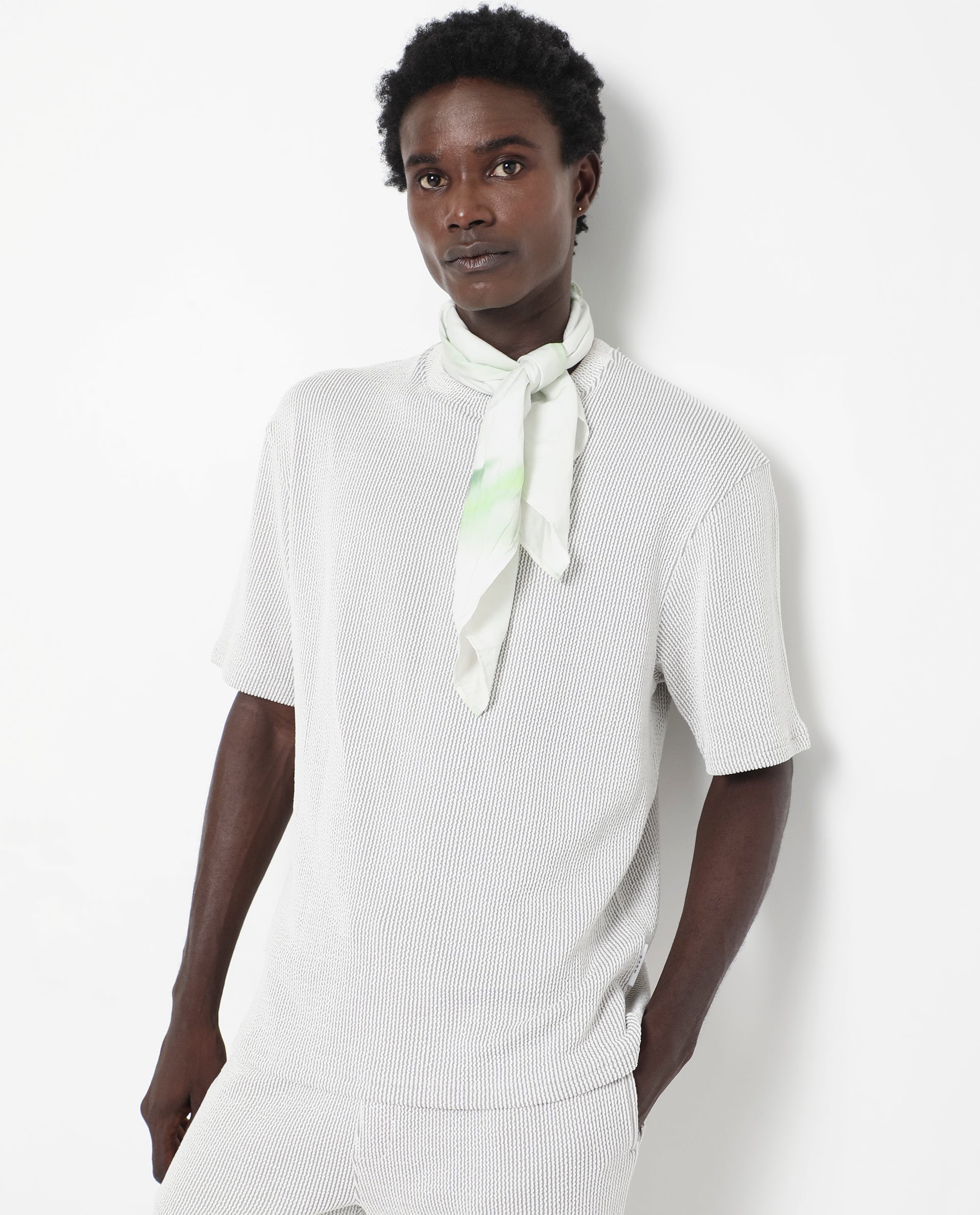 Rare Rabbit Men's Zavet-T Grey Cotton Polyester Fabric Short Sleeves Crew Neck Oversized Fit Self Stripe Textured T-Shirt