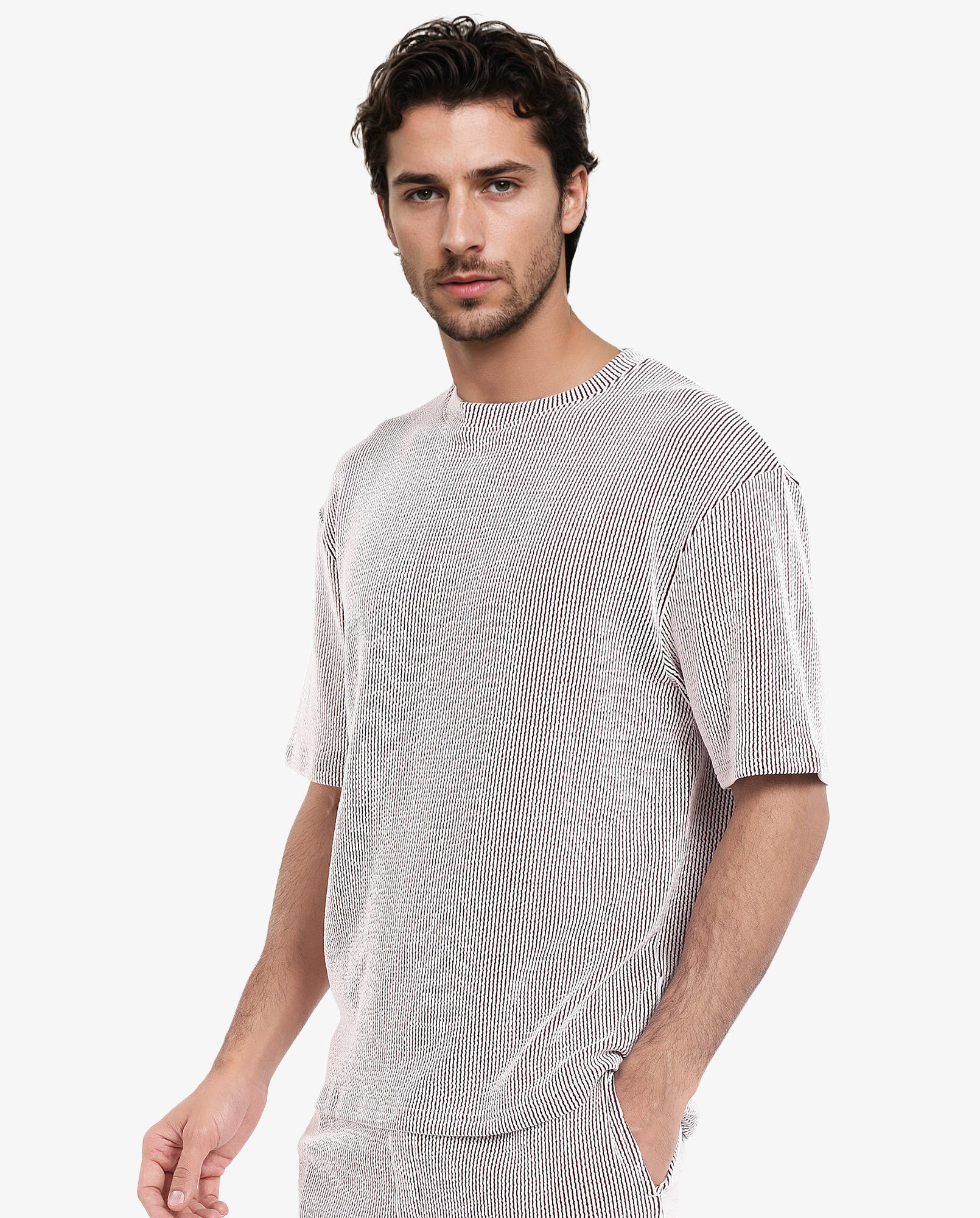 Rare Rabbit Men's Zavet-T Maroon Cotton Polyester Fabric Short Sleeves Crew Neck Oversized Fit Self Stripe Textured T-Shirt