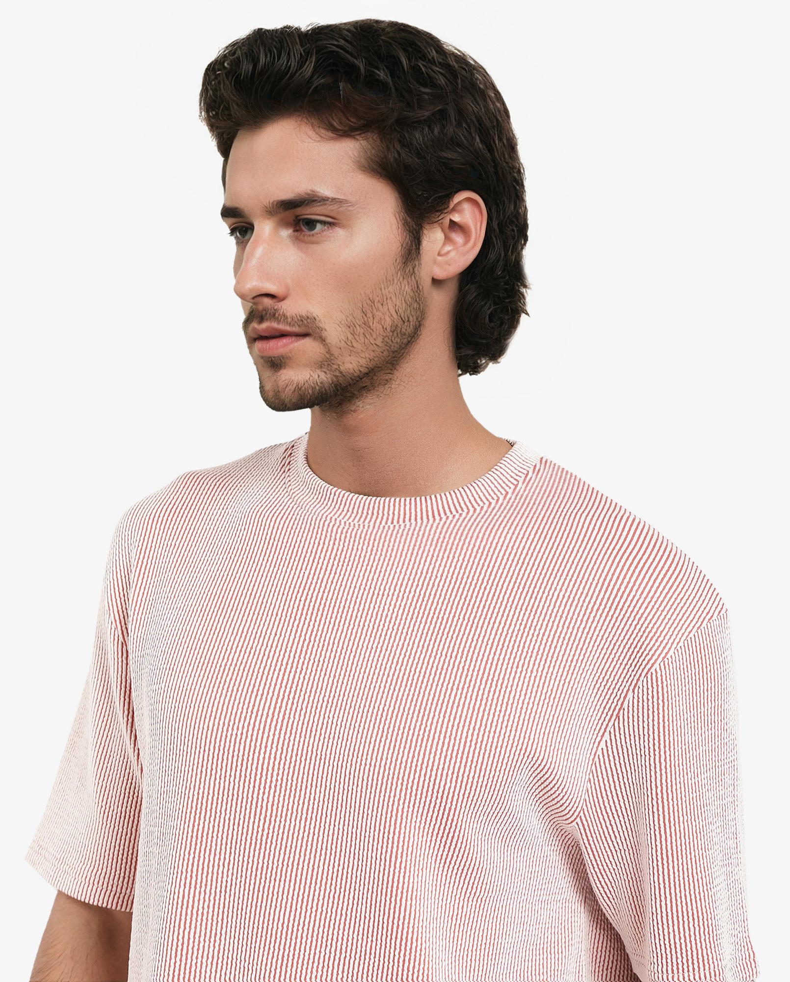 Rare Rabbit Men's Zavet-T Rust Cotton Polyester Fabric Short Sleeves Crew Neck Oversized Fit Self Stripe Textured T-Shirt