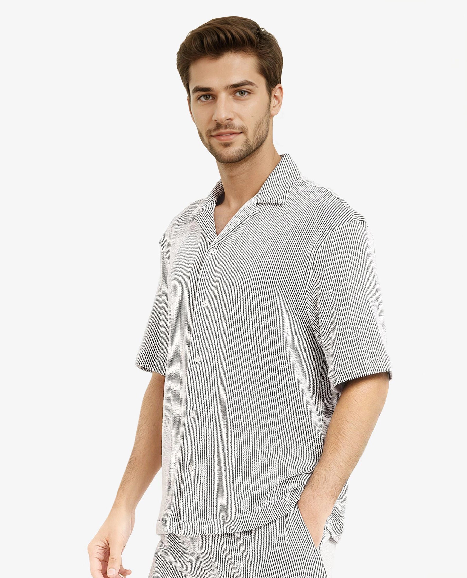 Rare Rabbit Men's Zavet-S Black Cotton Polyester Fabric Short Sleeves Cuban Collar Boxy Fit Self Stripe Textured Shirt