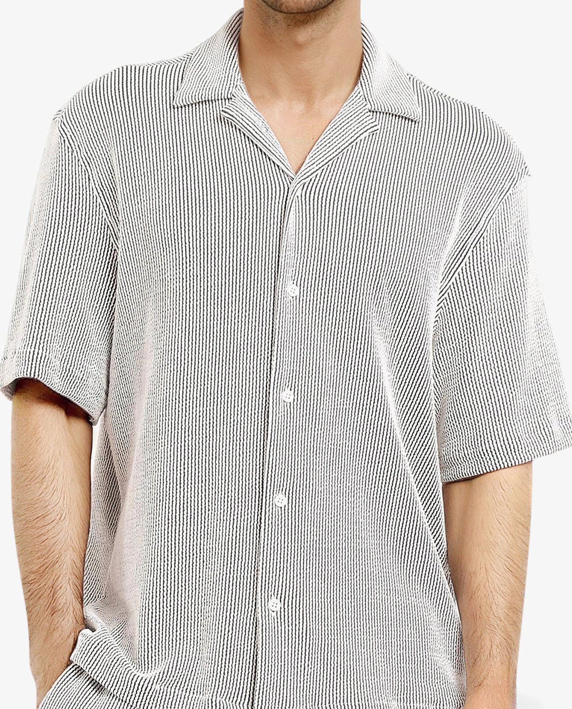 Rare Rabbit Men's Zavet-S Black Cotton Polyester Fabric Short Sleeves Cuban Collar Boxy Fit Self Stripe Textured Shirt