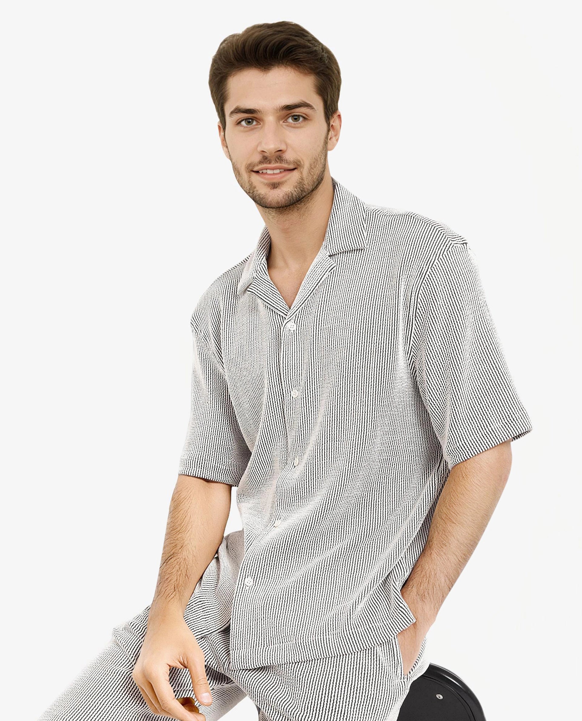 Rare Rabbit Men's Zavet-S Black Cotton Polyester Fabric Short Sleeves Cuban Collar Boxy Fit Self Stripe Textured Shirt