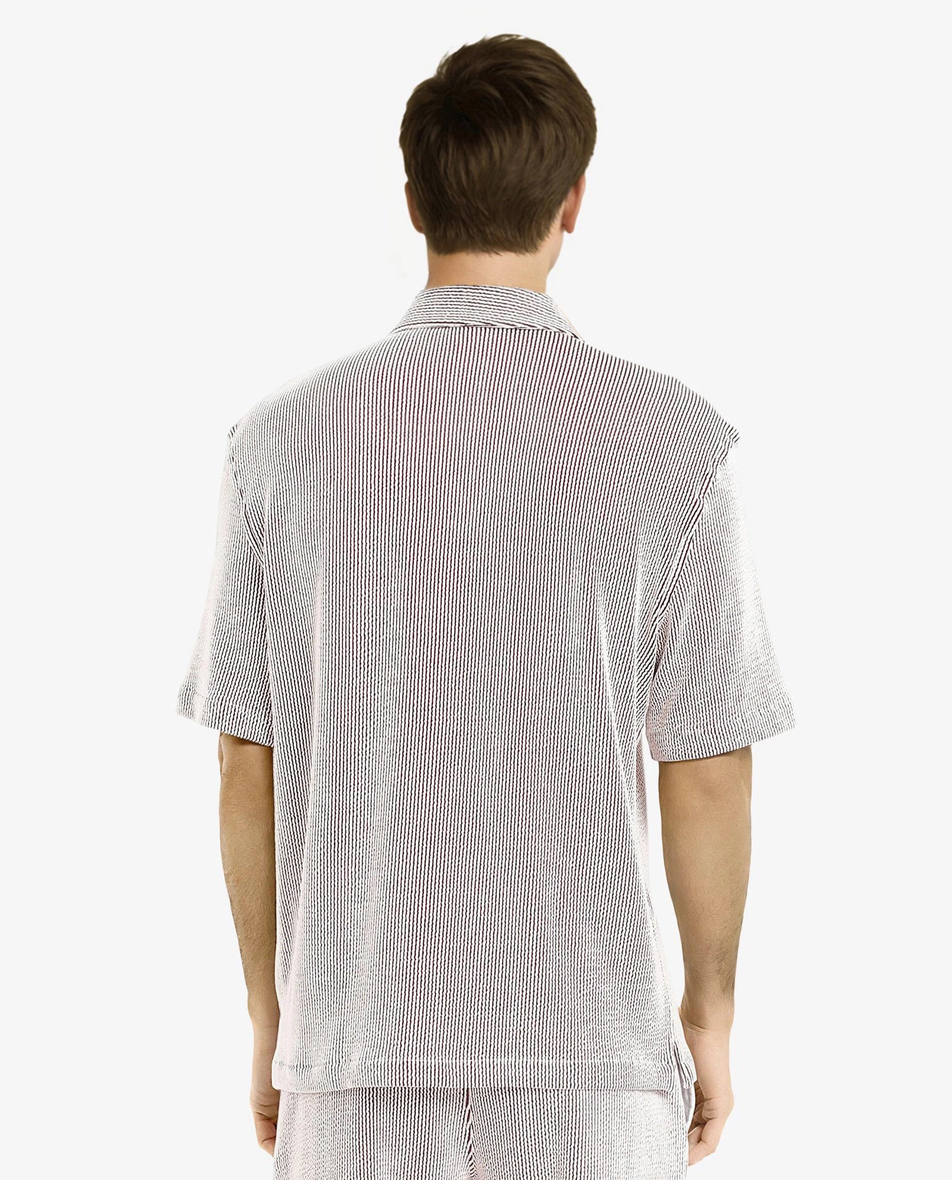 Rare Rabbit Men's Zavet-S Maroon Cotton Polyester Fabric Short Sleeves Cuban Collar Boxy Fit Self Stripe Textured Shirt