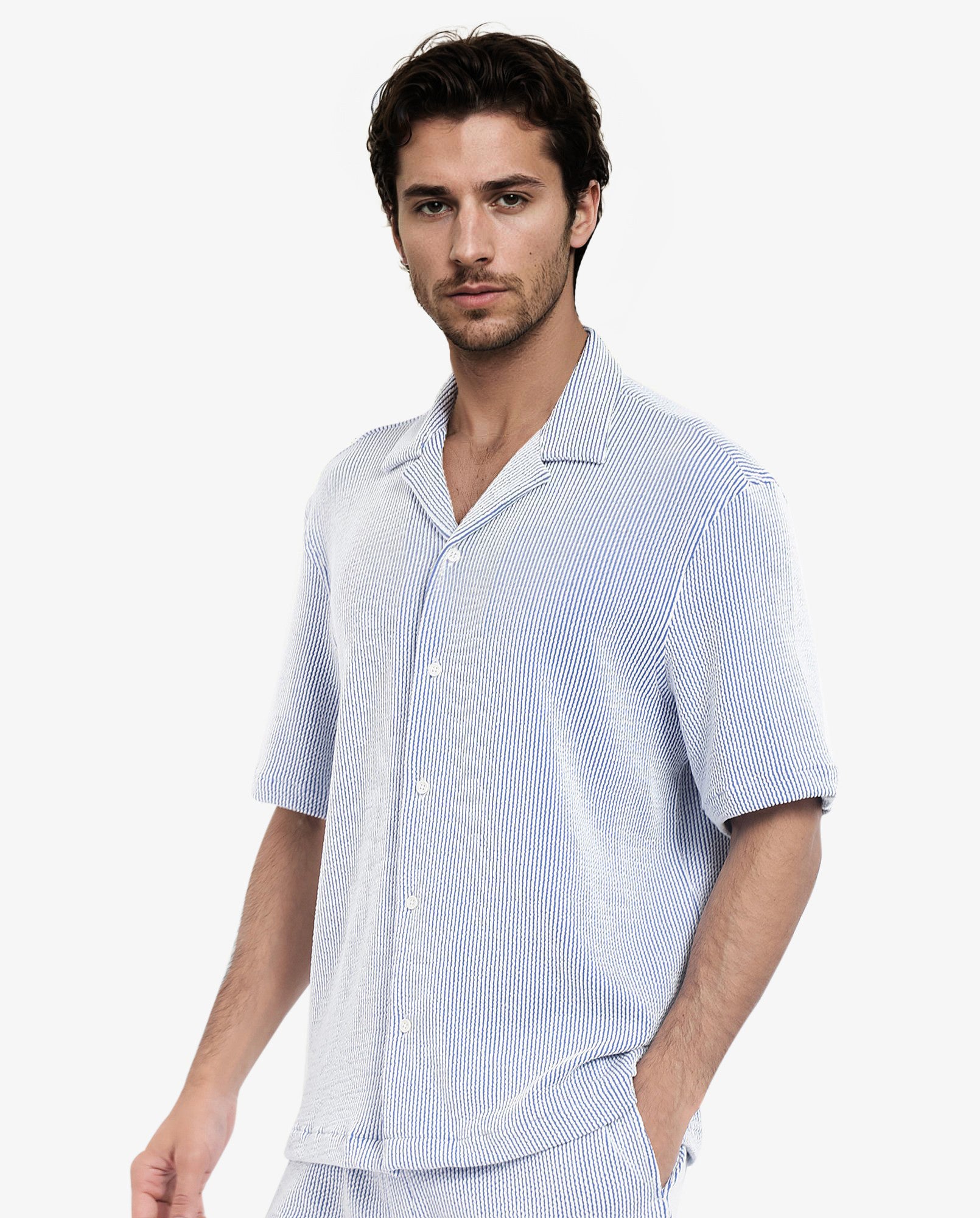 Rare Rabbit Men's Zavet-S Blue Cotton Polyester Fabric Short Sleeves Cuban Collar Boxy Fit Self Stripe Textured Shirt