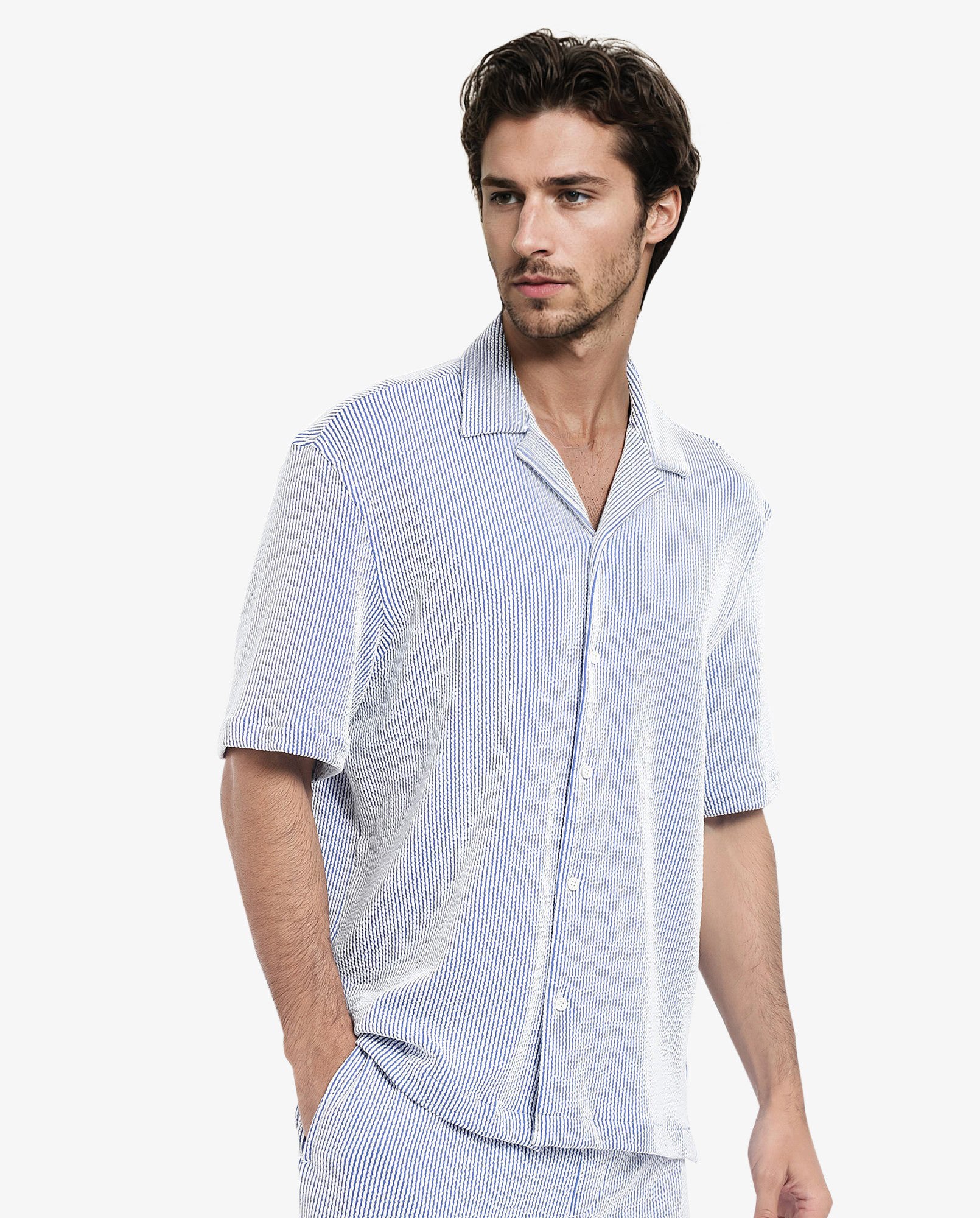 Rare Rabbit Men's Zavet-S Blue Cotton Polyester Fabric Short Sleeves Cuban Collar Boxy Fit Self Stripe Textured Shirt