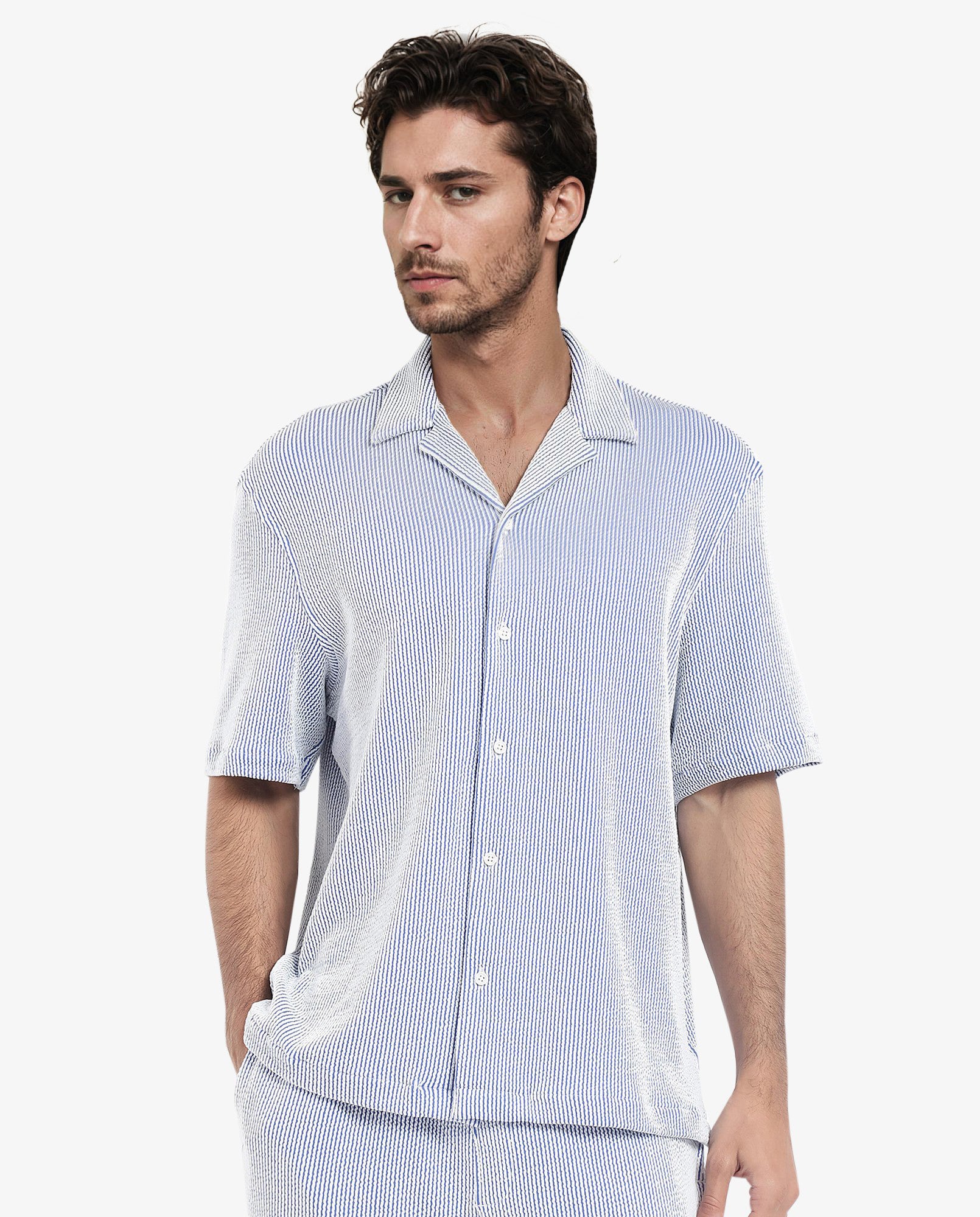 Rare Rabbit Men's Zavet-S Blue Cotton Polyester Fabric Short Sleeves Cuban Collar Boxy Fit Self Stripe Textured Shirt