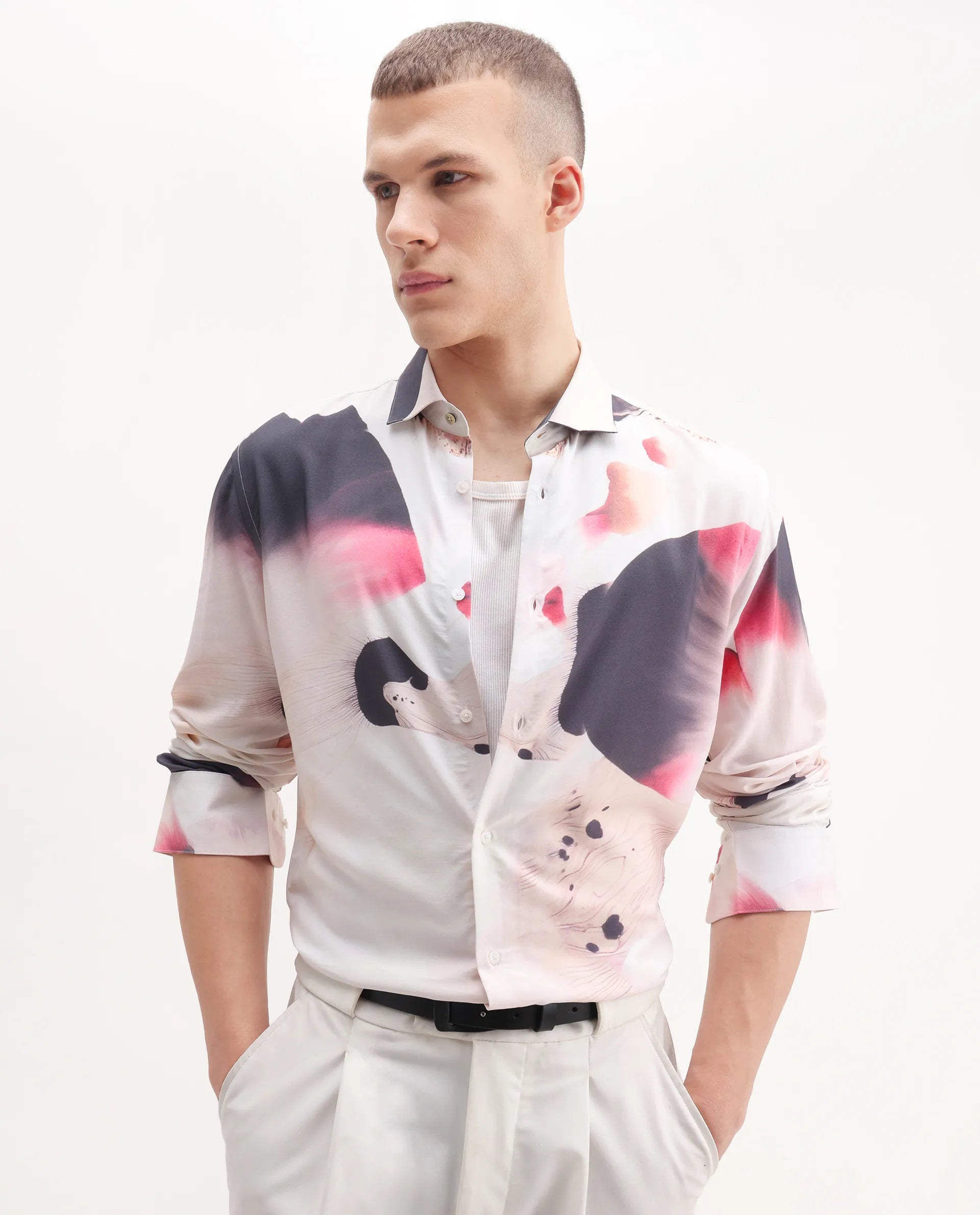 Rare Rabbit Men's Zaya Dusky White Viscose Floral Print Regular Fit Full Sleeve Collared Shirt