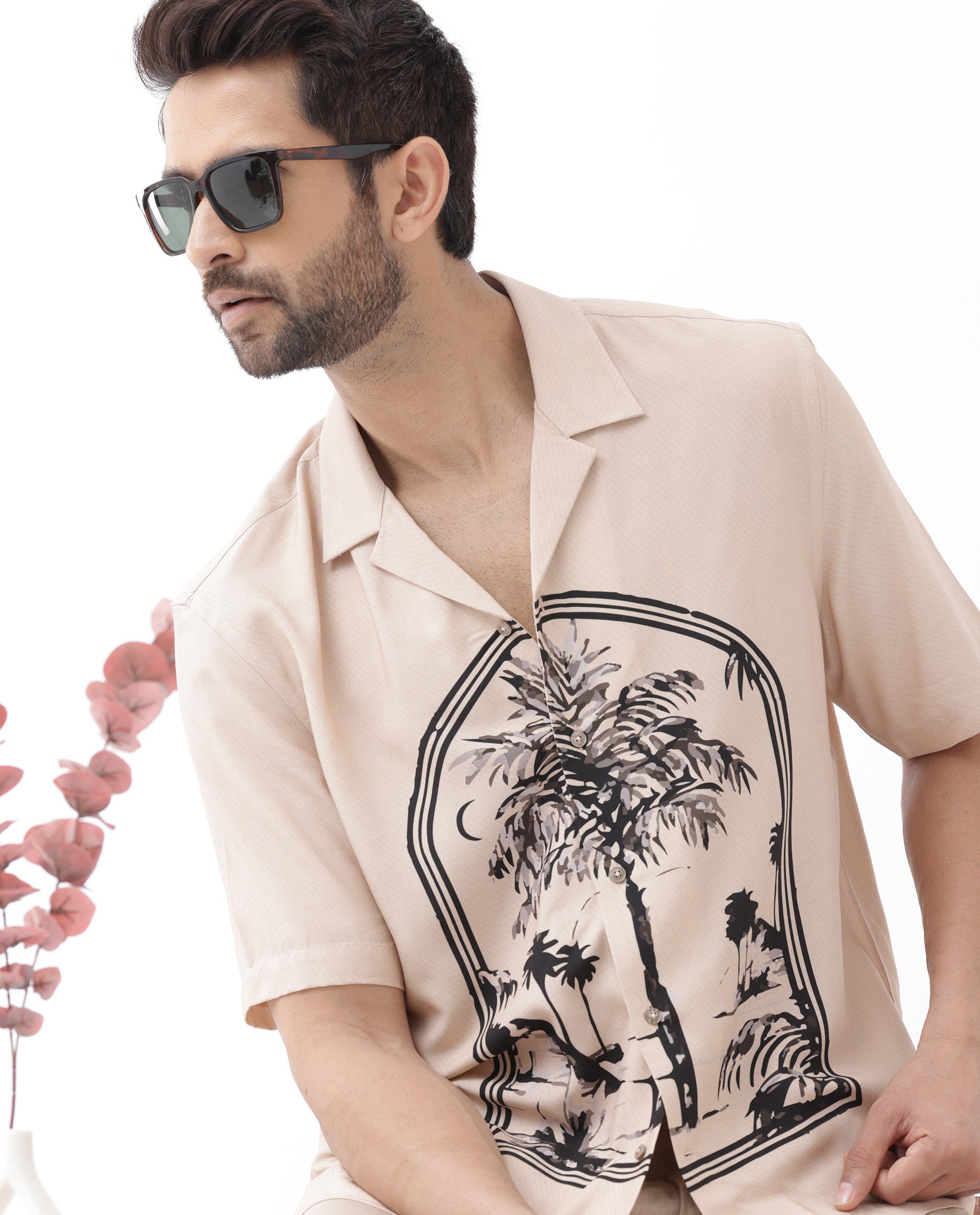 Rare Rabbit Men's Zedd Light Peach Viscose Fabric Short Sleeve Tropical Print Cuban Collar Boxy Fit Shirt