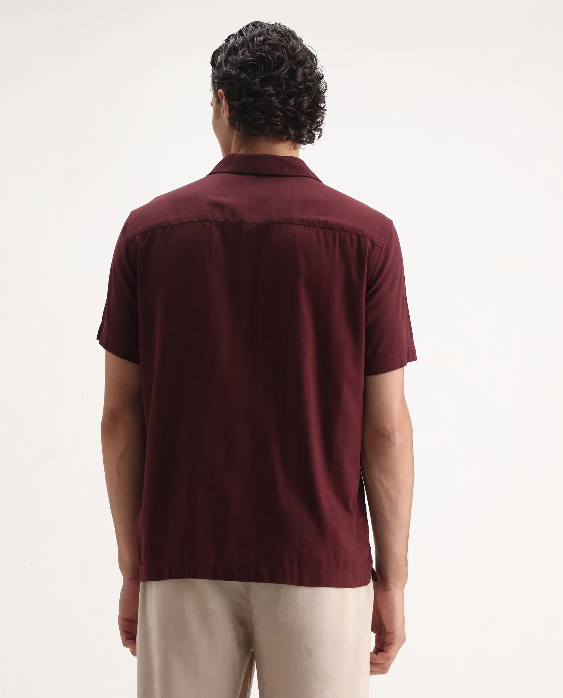 Rare Rabbit Men's Zedter-1 Dusky Maroon Cotton Blend Embroidered Relaxed Fit Half Sleeve Cuban Collar Shirt