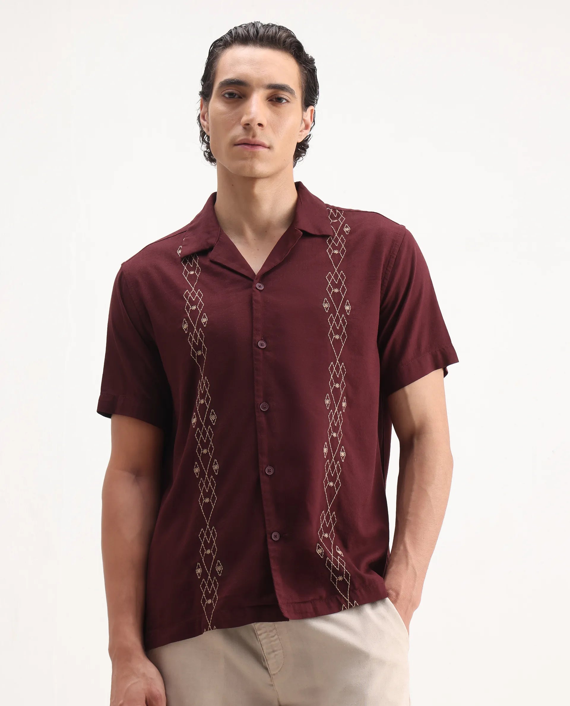 Rare Rabbit Men's Zedter-1 Dusky Maroon Cotton Blend Embroidered Relaxed Fit Half Sleeve Cuban Collar Shirt