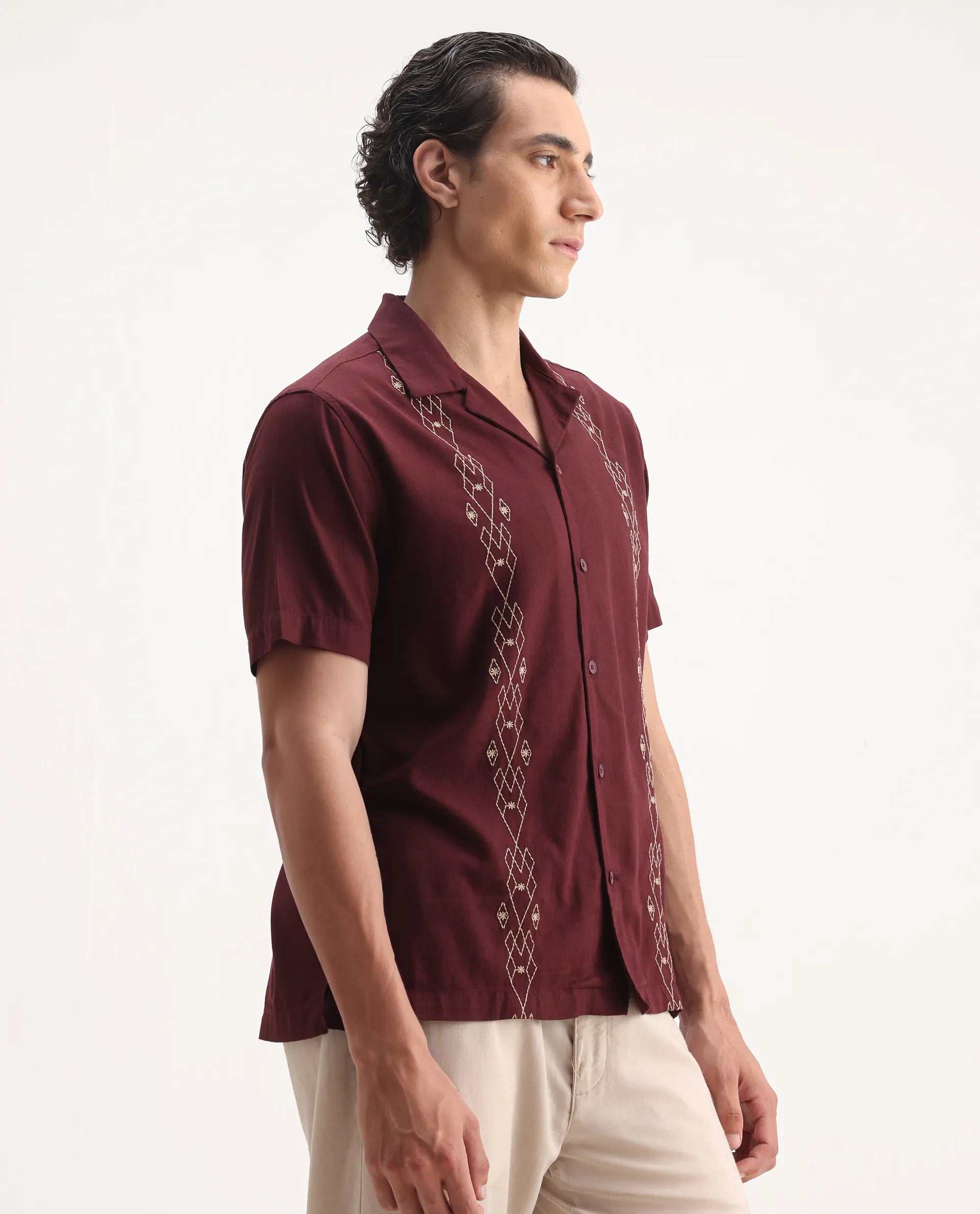 Rare Rabbit Men's Zedter-1 Dusky Maroon Cotton Blend Embroidered Relaxed Fit Half Sleeve Cuban Collar Shirt