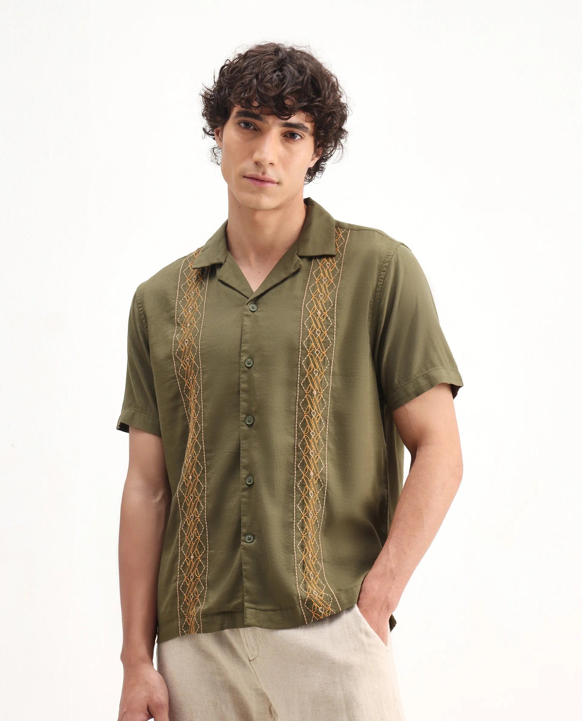 Rare Rabbit Men's Zedter-2 Olive Cotton Embroidered Relaxed Fit Half Sleeve Cuban Collar Shirt