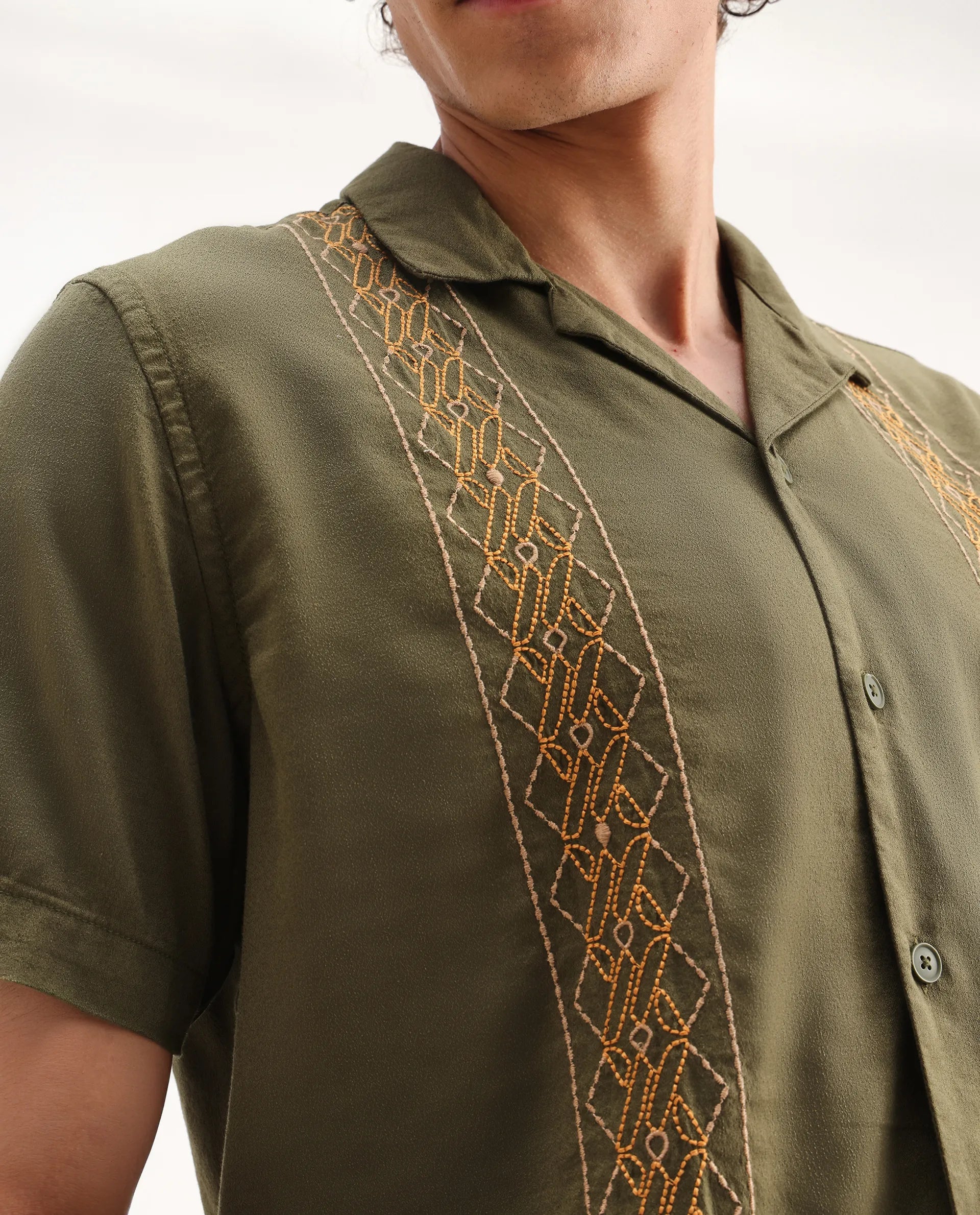 Rare Rabbit Men's Zedter-2 Olive Cotton Embroidered Relaxed Fit Half Sleeve Cuban Collar Shirt