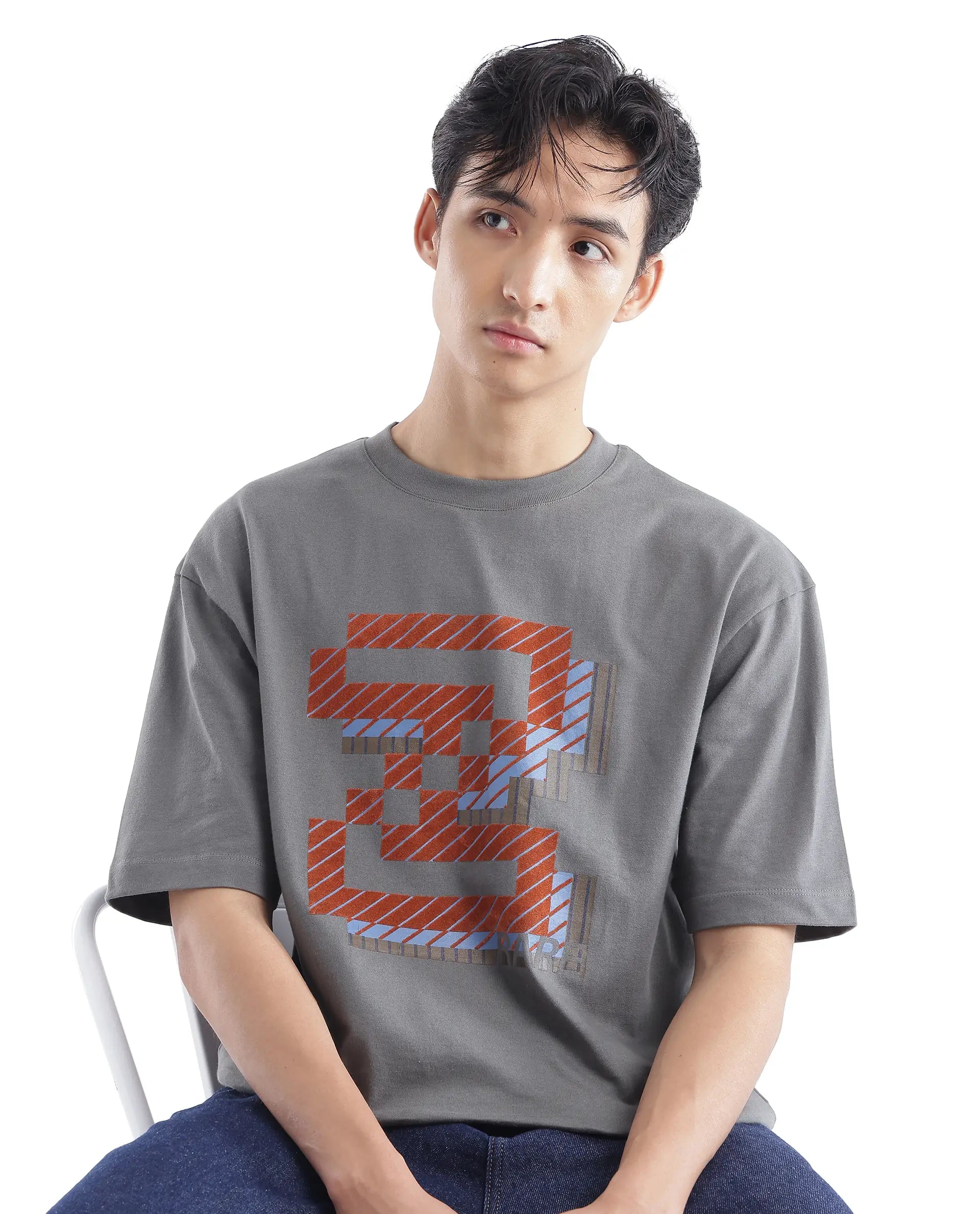 Rare Rabbit Men Zee's Grey Cotton Fabric Short Sleeve Crew Neck Oversized Fit Graphic Print T-Shirt