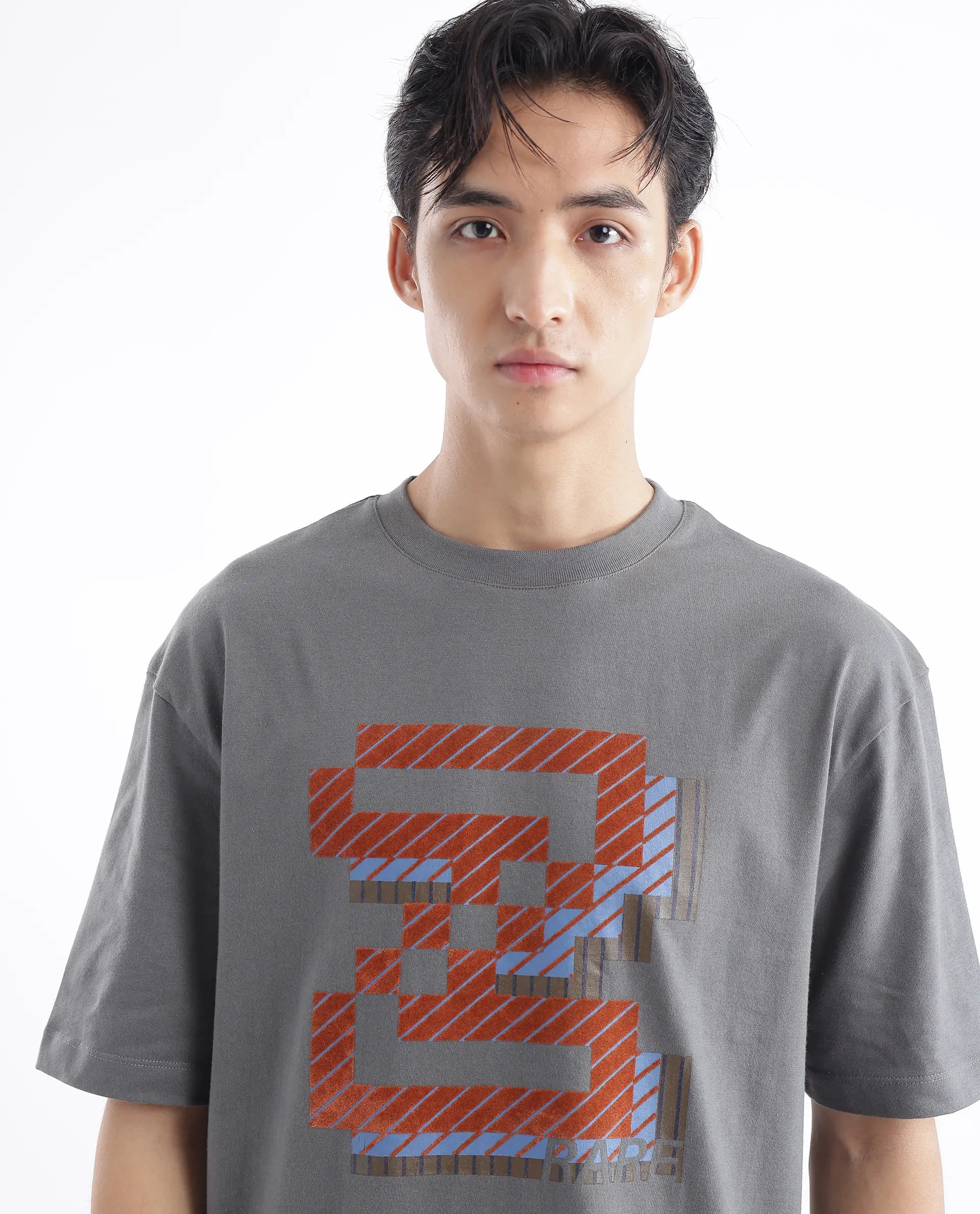 Rare Rabbit Men Zee's Grey Cotton Fabric Short Sleeve Crew Neck Oversized Fit Graphic Print T-Shirt