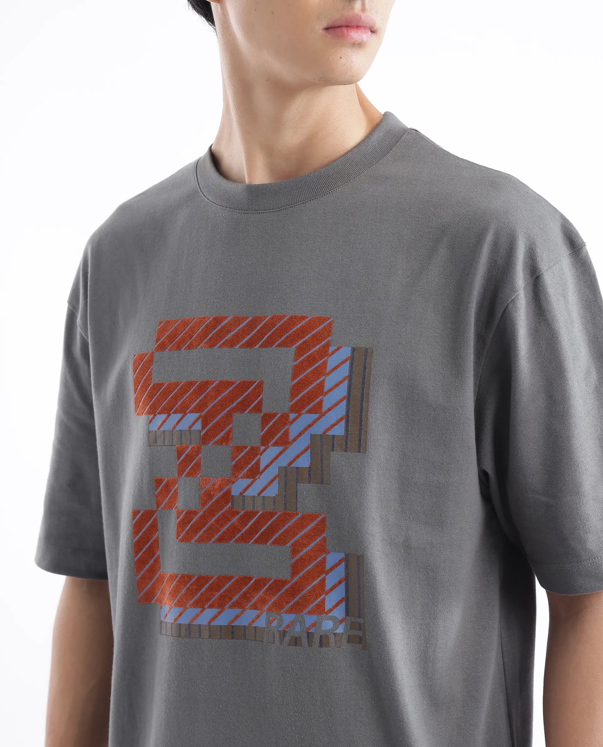 Rare Rabbit Men Zee's Grey Cotton Fabric Short Sleeve Crew Neck Oversized Fit Graphic Print T-Shirt