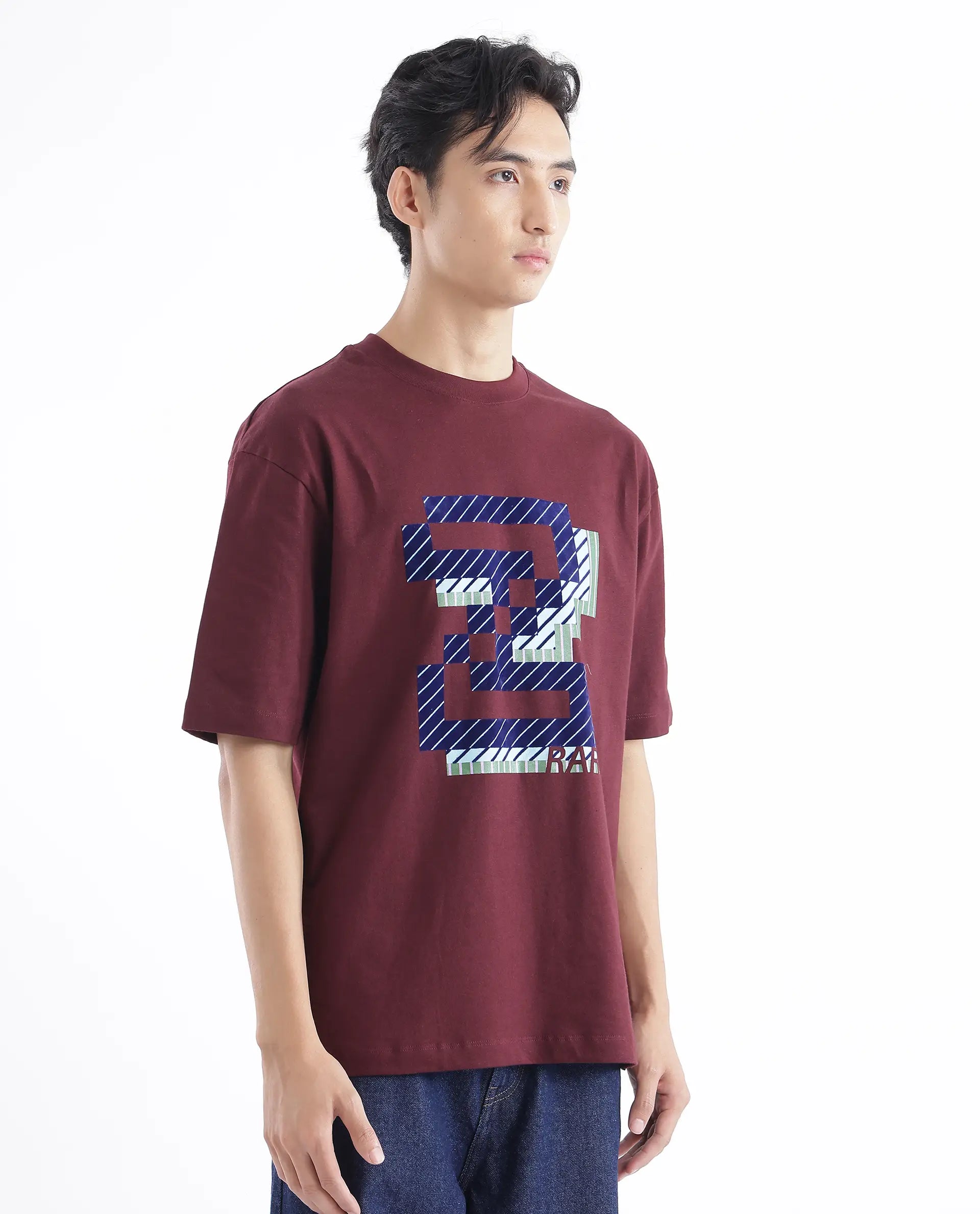 Rare Rabbit Men Zee's Maroon Cotton Fabric Short Sleeve Crew Neck Oversized Fit Graphic Print T-Shirt