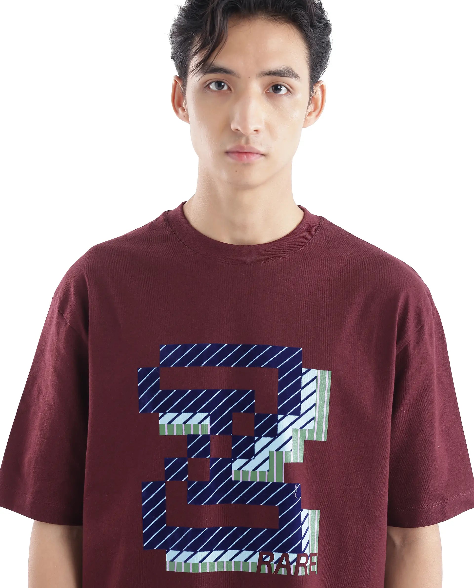 Rare Rabbit Men Zee's Maroon Cotton Fabric Short Sleeve Crew Neck Oversized Fit Graphic Print T-Shirt