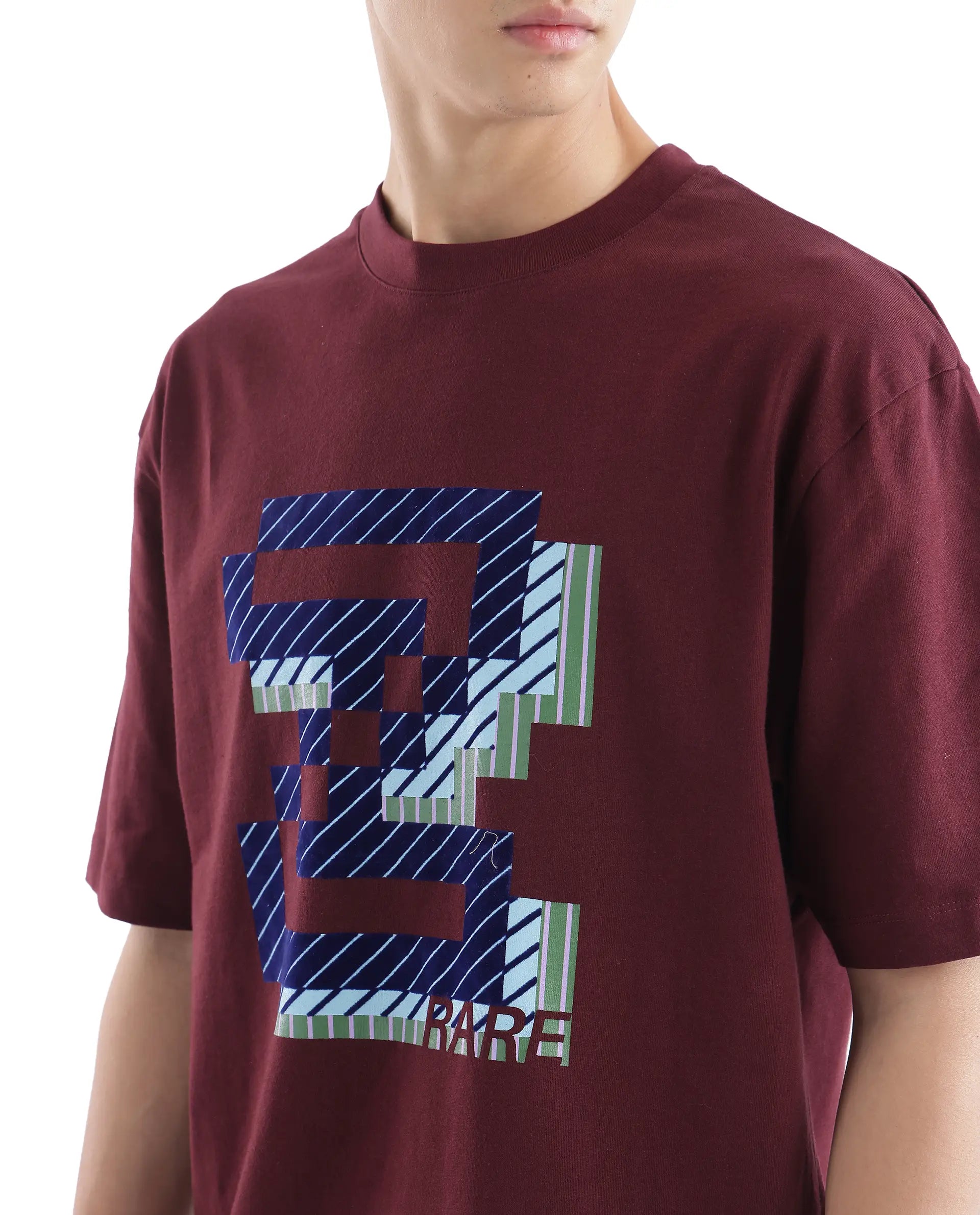 Rare Rabbit Men Zee's Maroon Cotton Fabric Short Sleeve Crew Neck Oversized Fit Graphic Print T-Shirt