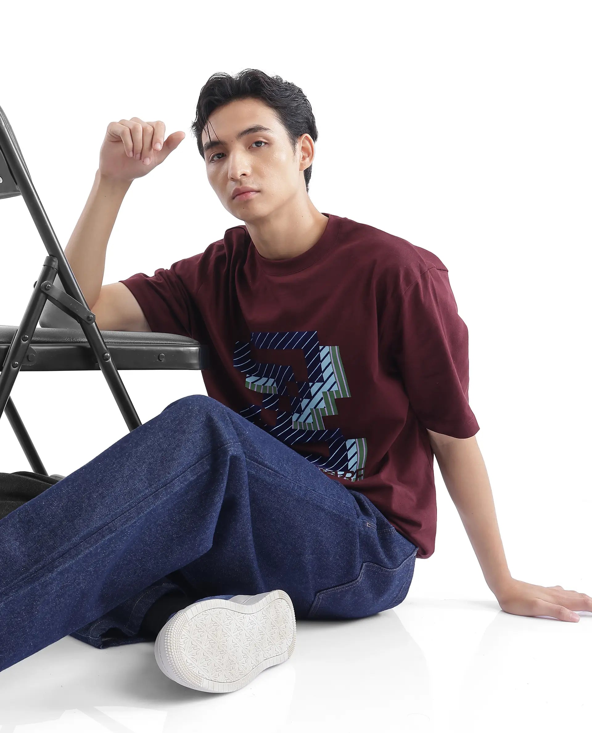 Rare Rabbit Men Zee's Maroon Cotton Fabric Short Sleeve Crew Neck Oversized Fit Graphic Print T-Shirt