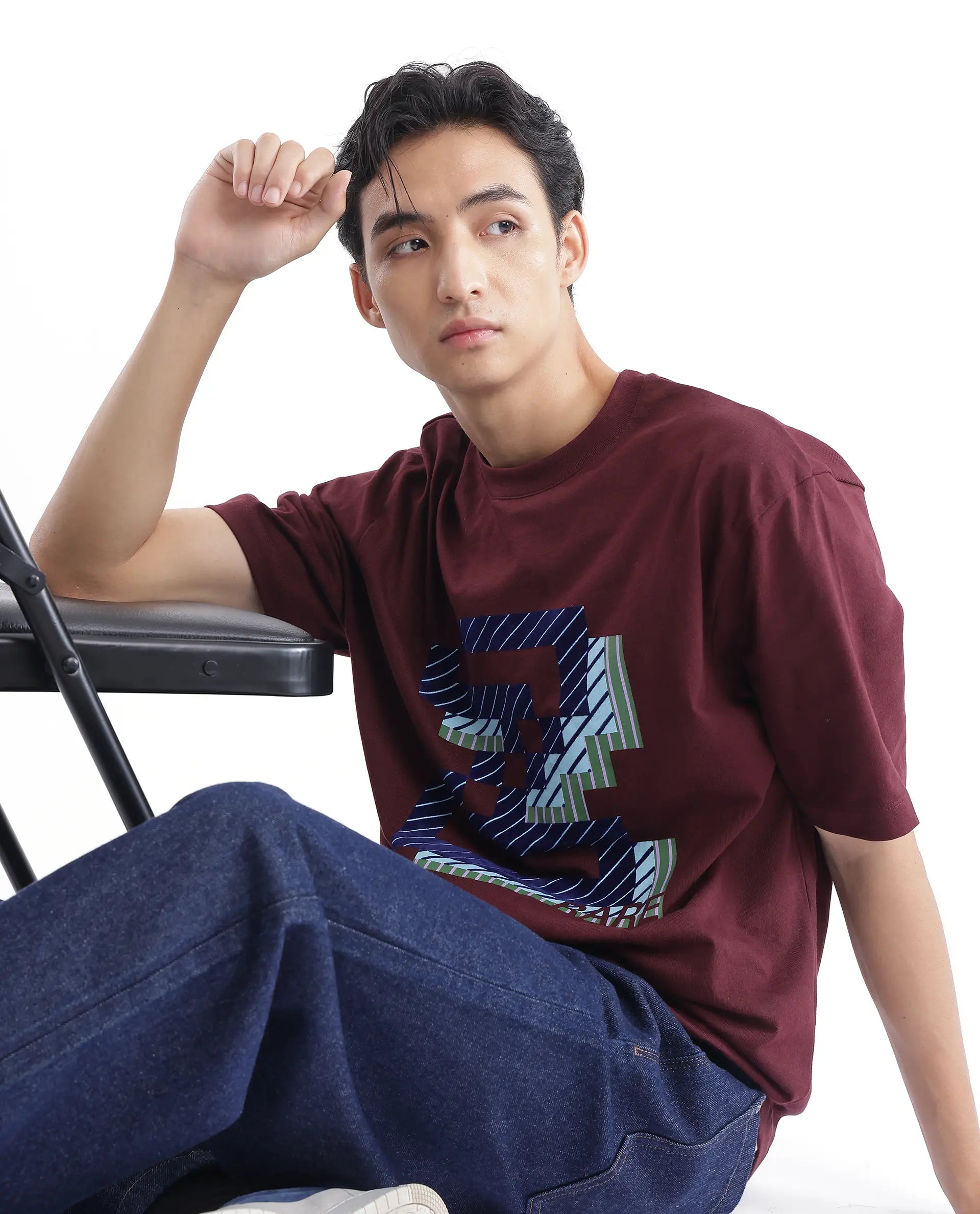 Rare Rabbit Men Zee's Maroon Cotton Fabric Short Sleeve Crew Neck Oversized Fit Graphic Print T-Shirt