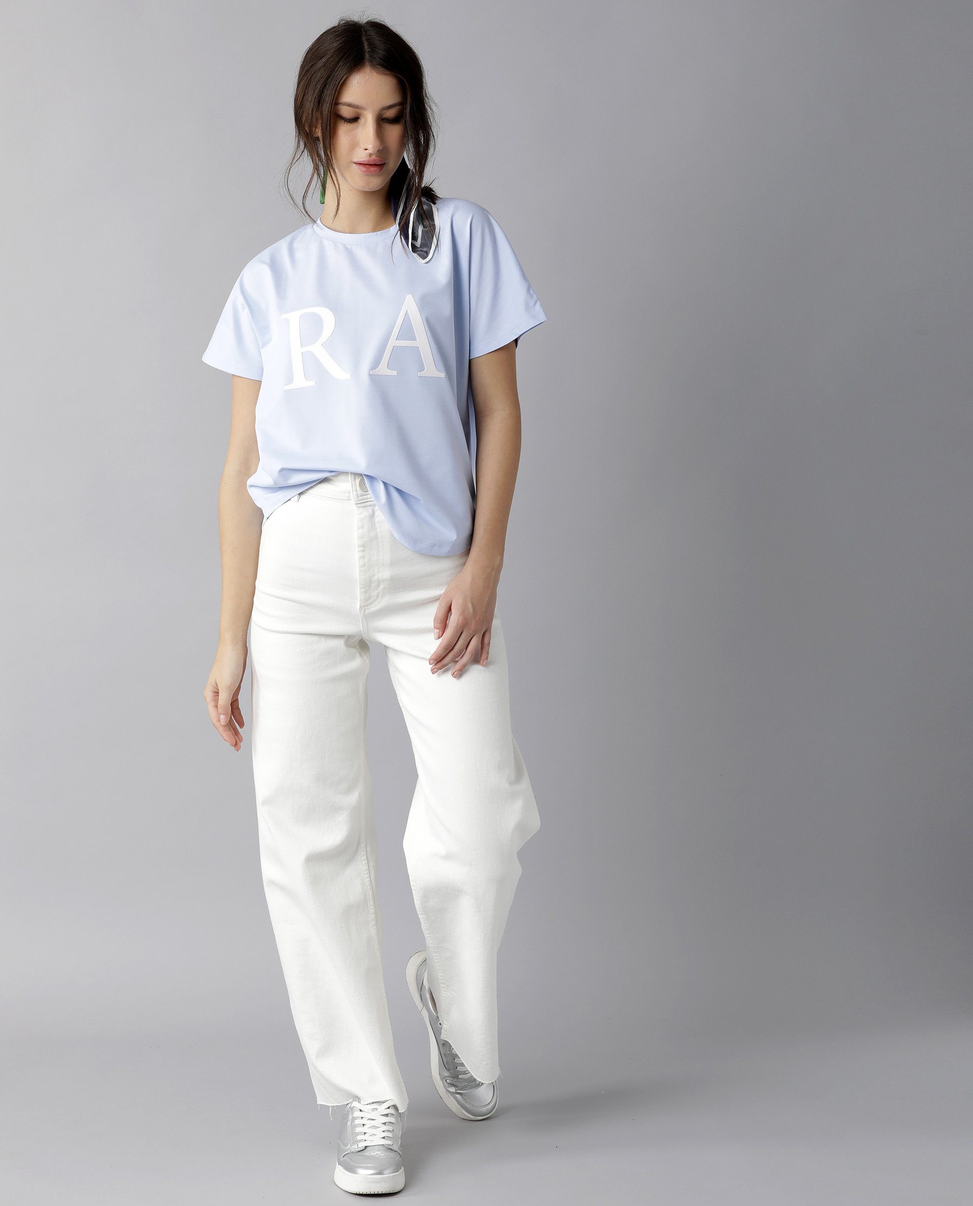 Rareism Women Hush Blue Poly Cotton Fabric Regular Fit Half Sleeves Graphic Print Crew Neck T-Shirt